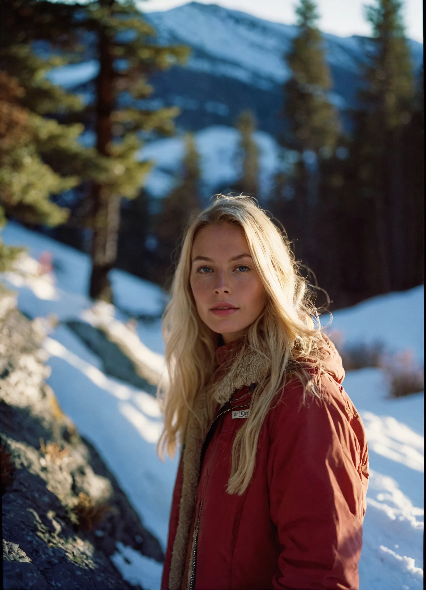 Lexica - Beautiful blonde woman standing in the snowy mountains ...