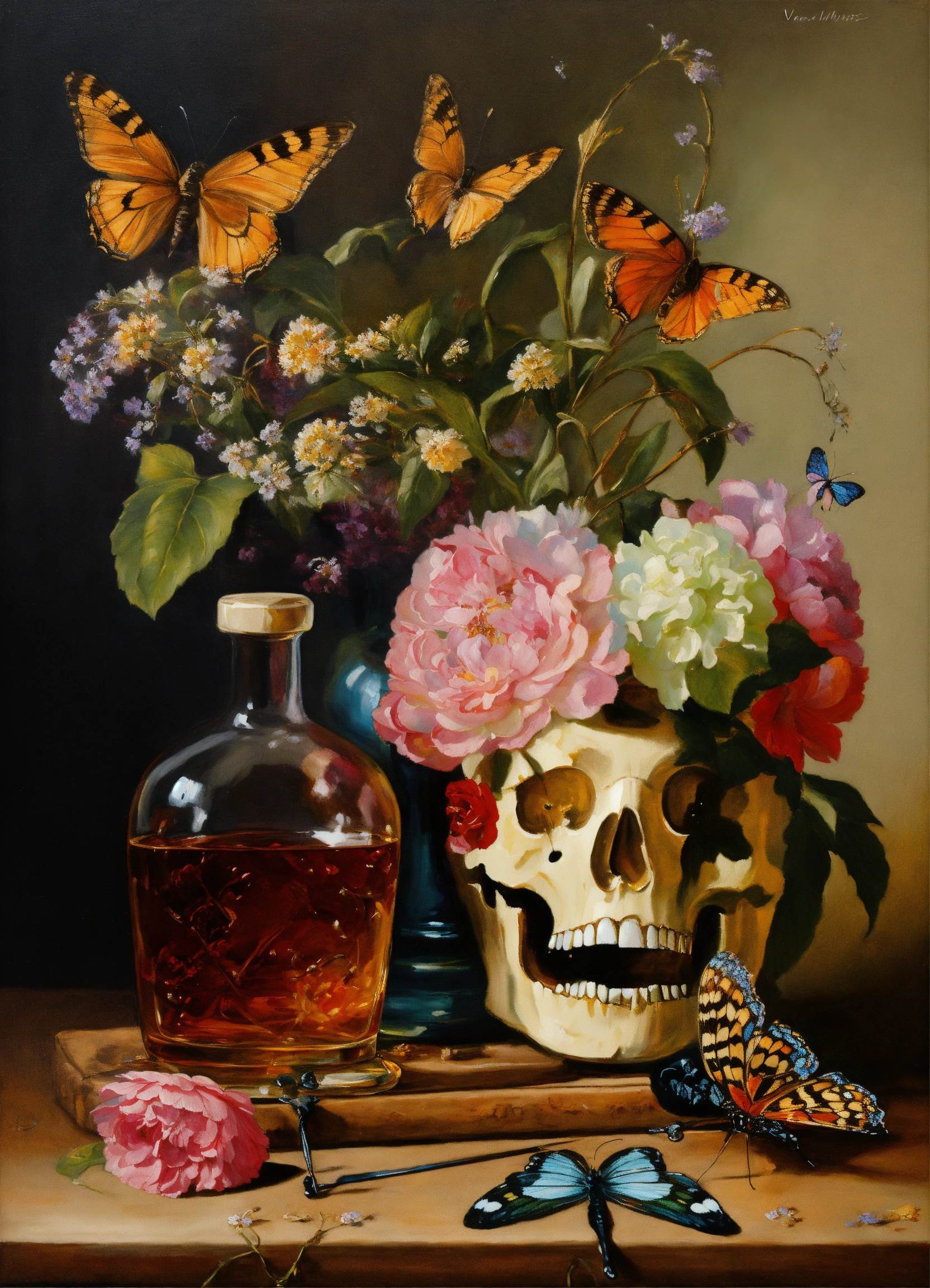 Lexica - Painting, vanitas with flowers, whiskey, butterflies