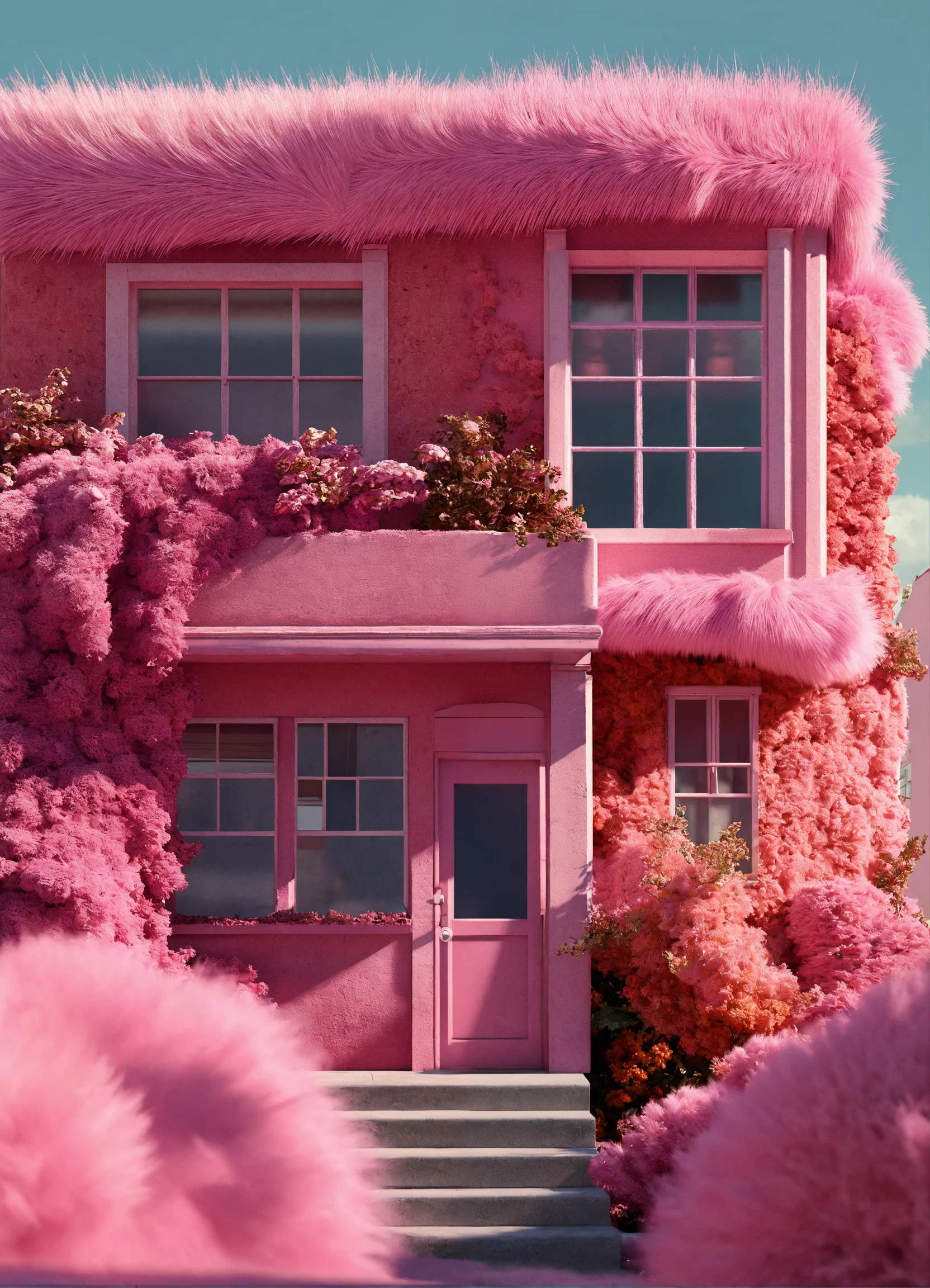 Lexica - A pink building covered with pink fur, in the style of ...