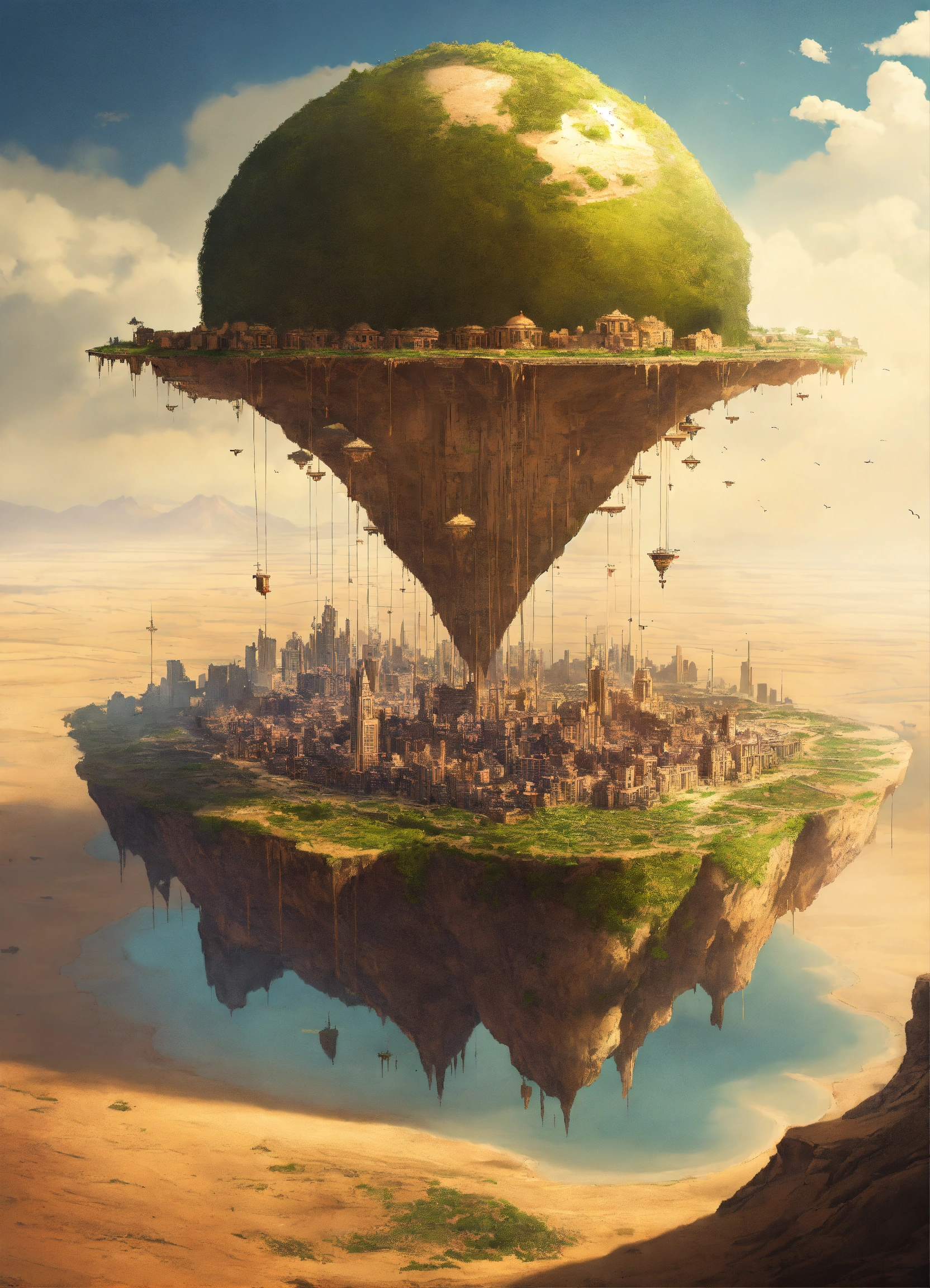 Lexica - A flying island with a city on top in the middle of the desert ...