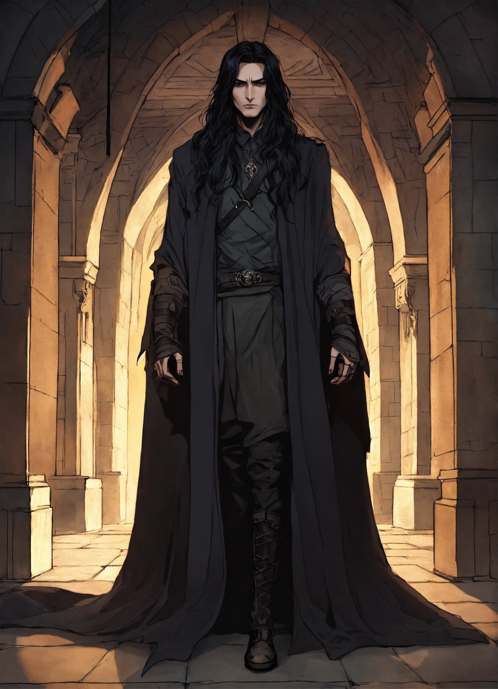 Lexica - A thin guy with long black hair is dressed in a black ...