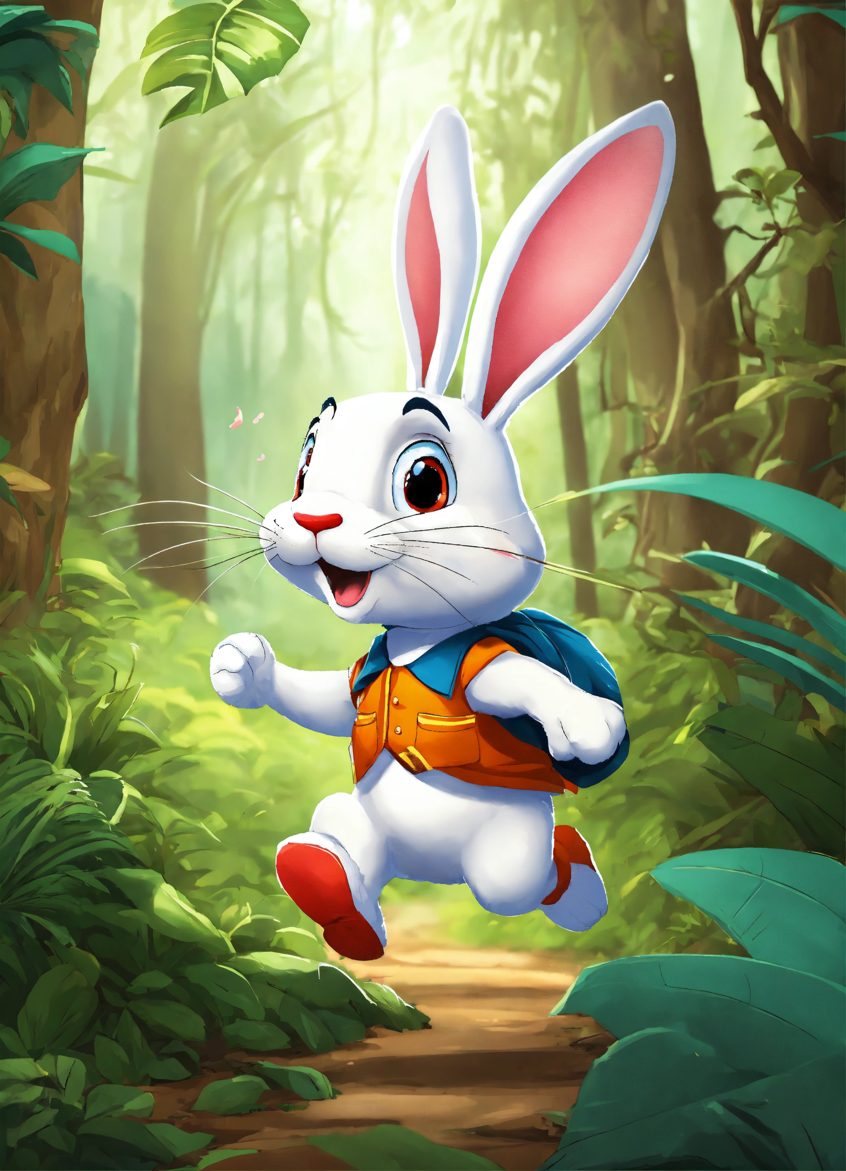 Lexica - Let cartoon big white rabbit running in jungle