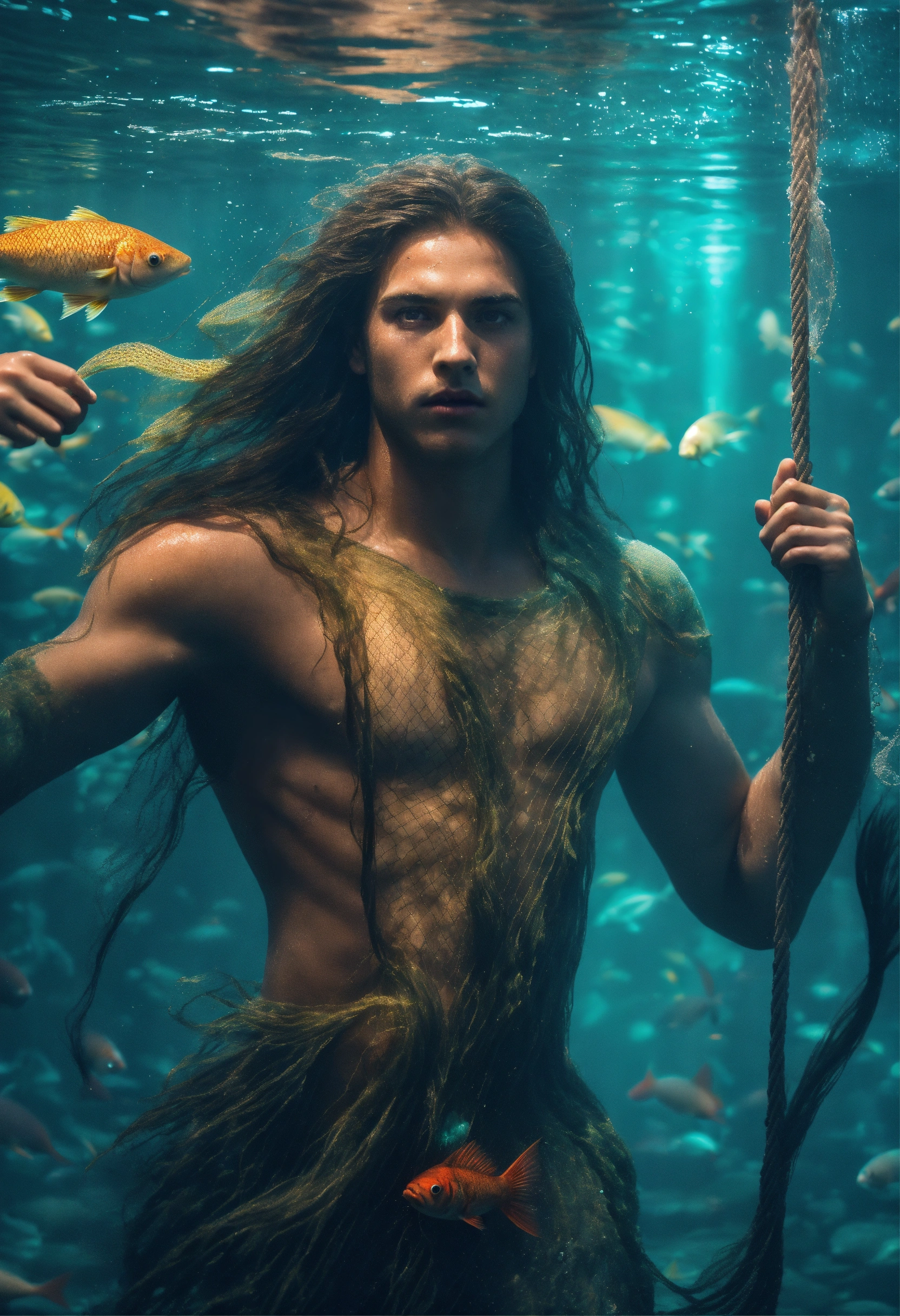 Lexica - Bright, in agony merman arrested in a fish net , long straight ...