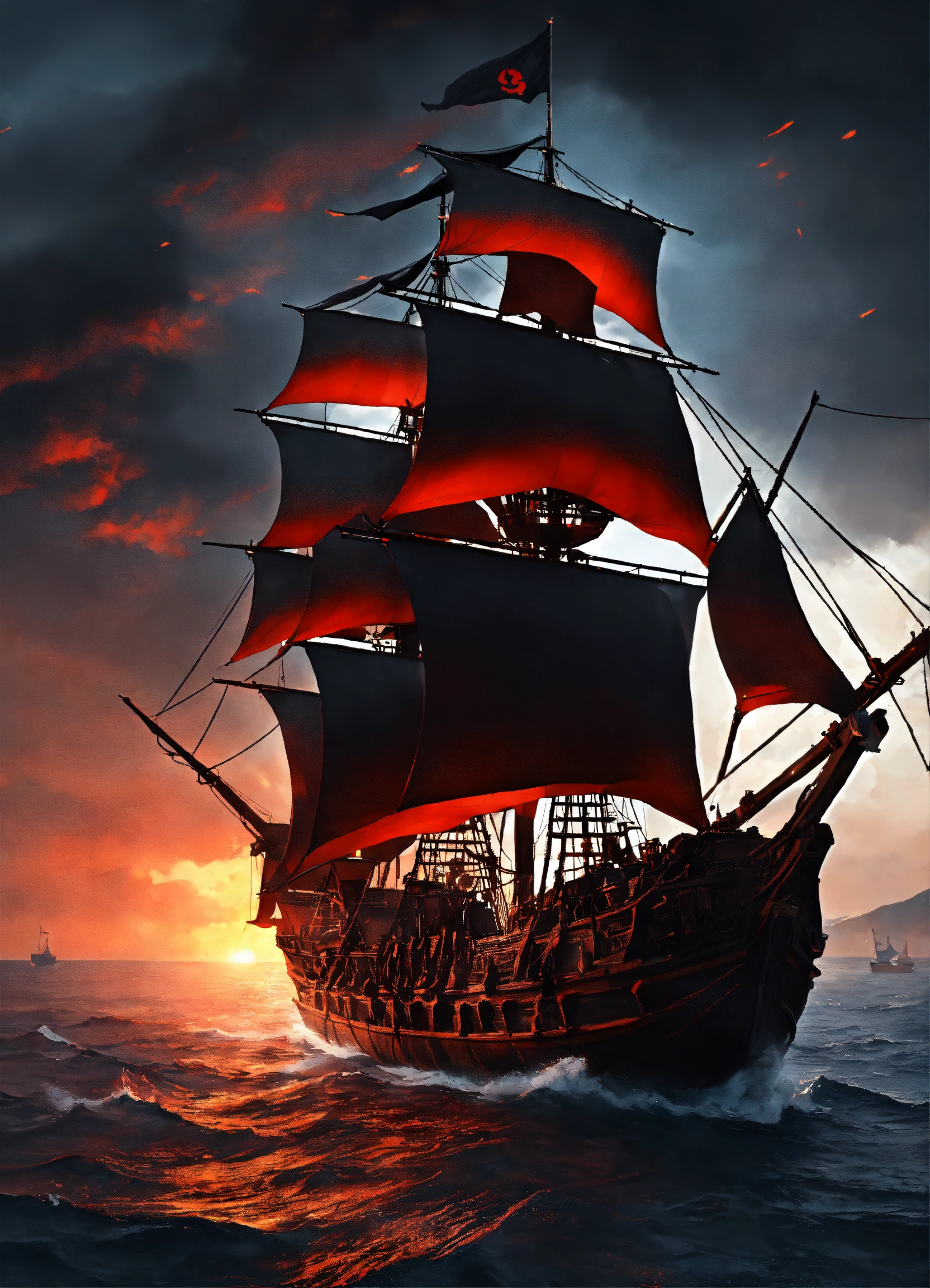 Lexica - A huge black arabic pirate ship, with crimson triangle sails ...