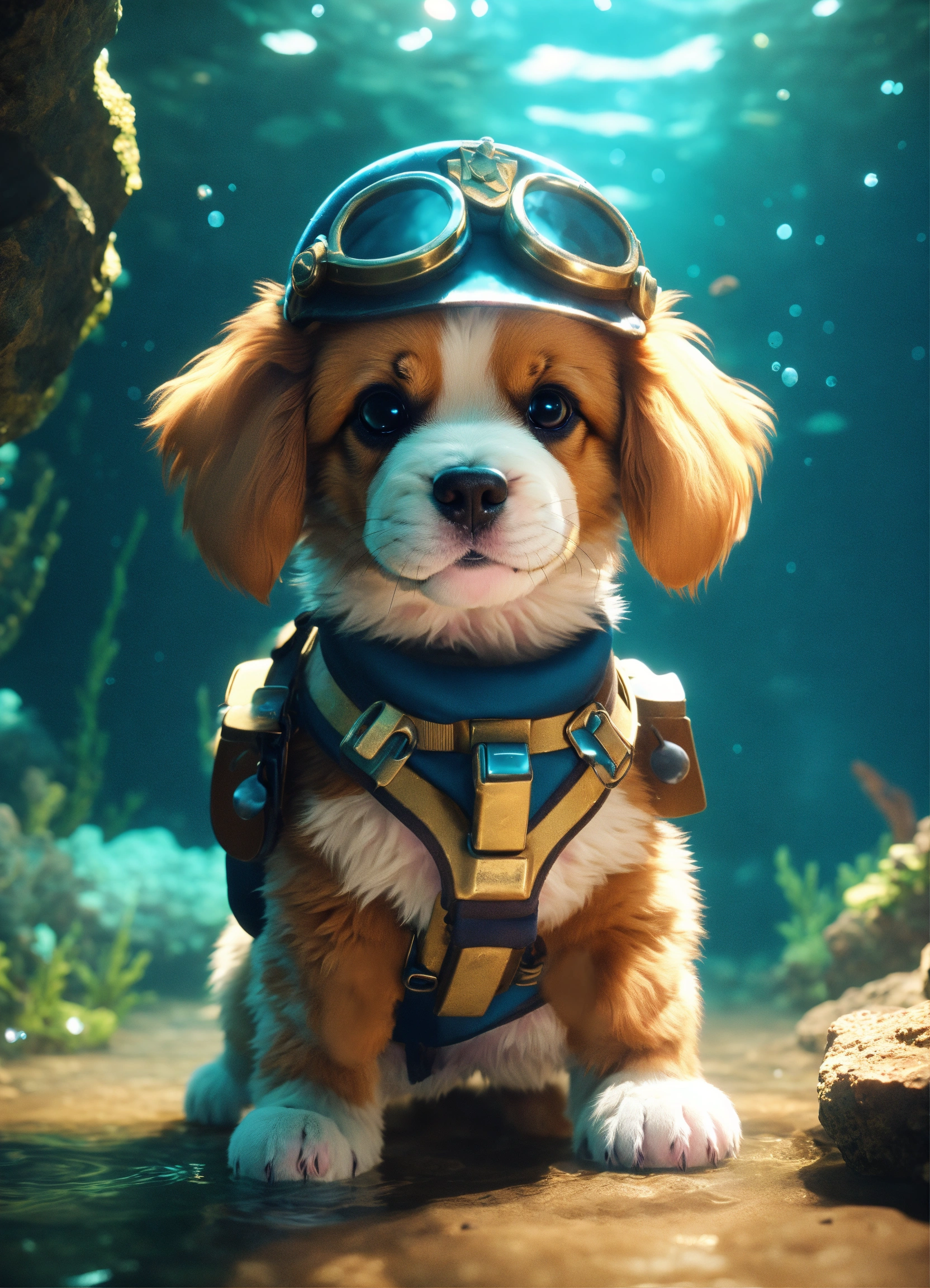 Lexica - A cute fluffy puppy captain walking in an underwater cave ...