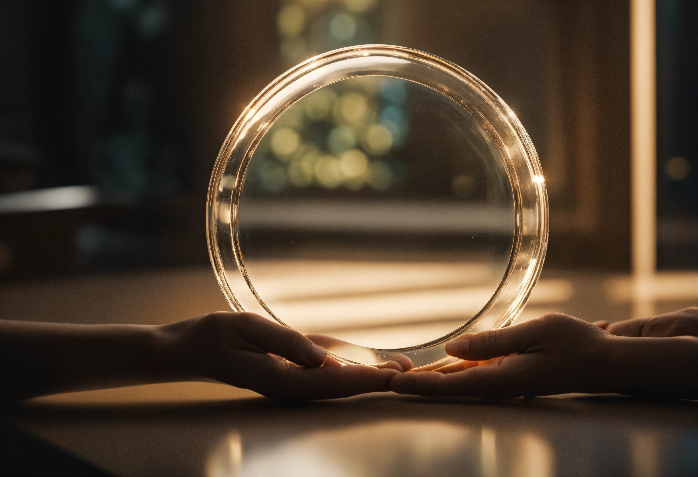 Lexica - Hands clear looking through ultra thin glass circle, future ...