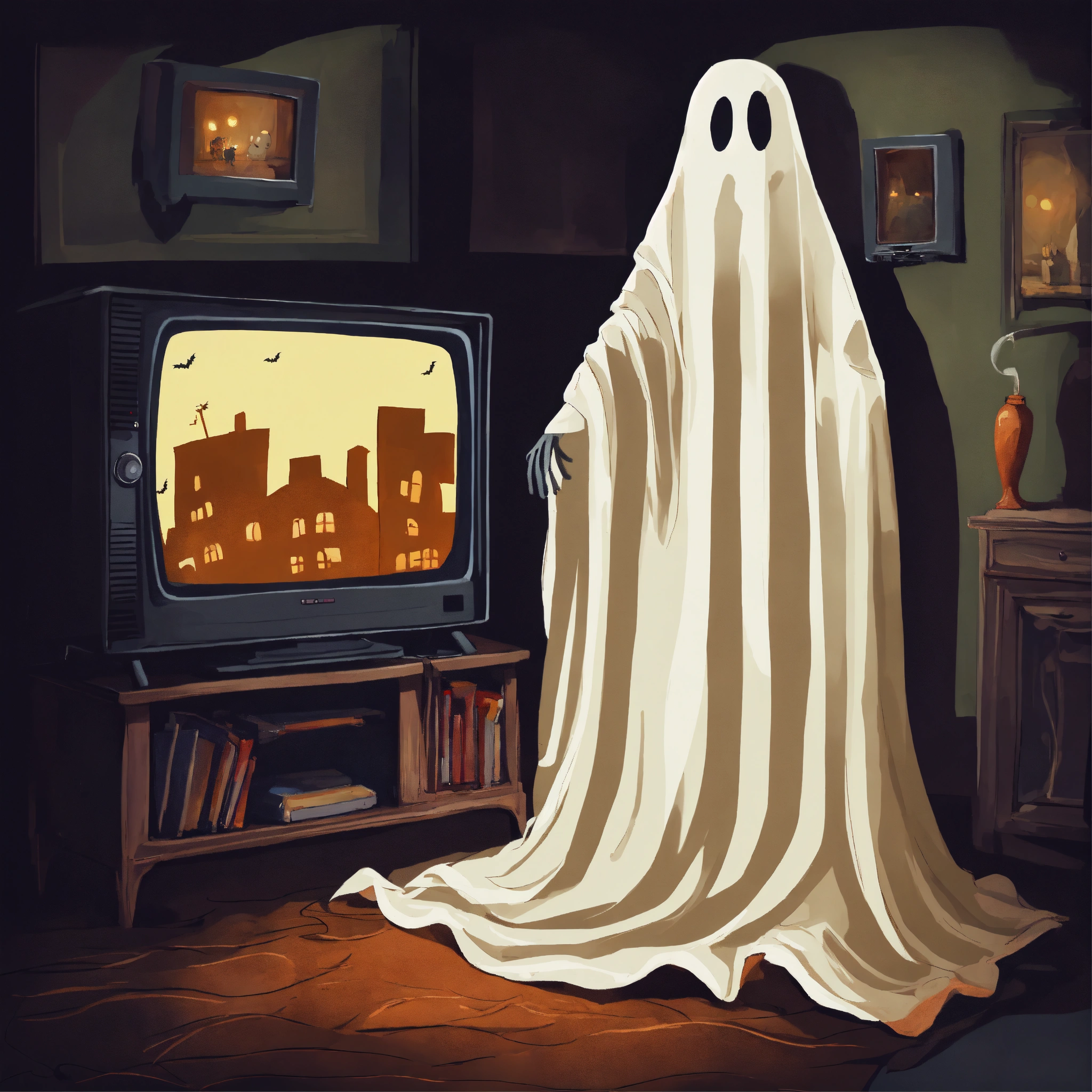 Lexica - A painting of a bedsheet ghost watching scary movies on a ...