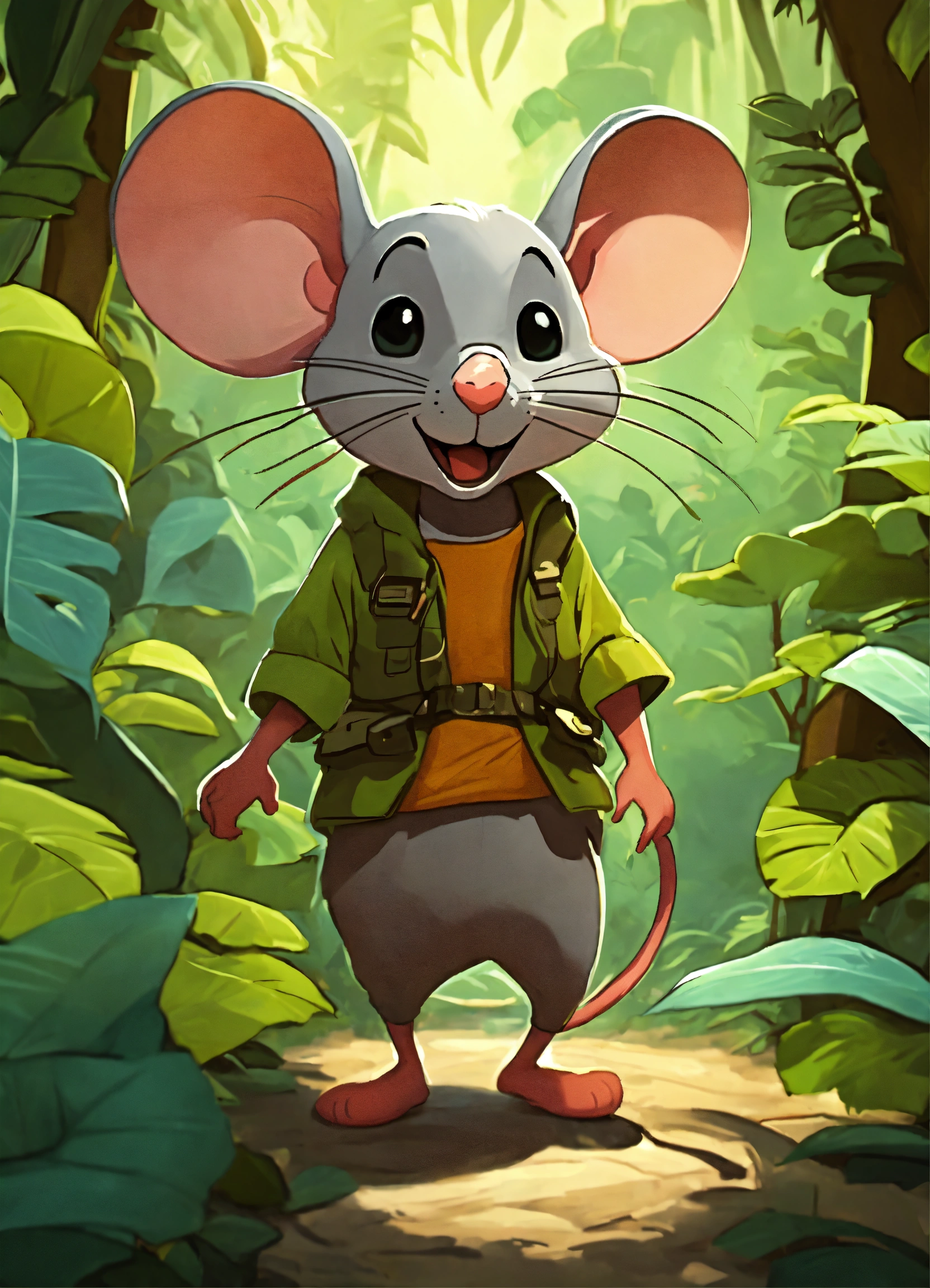 Lexica - Cartoon mouse walking in dense jungle