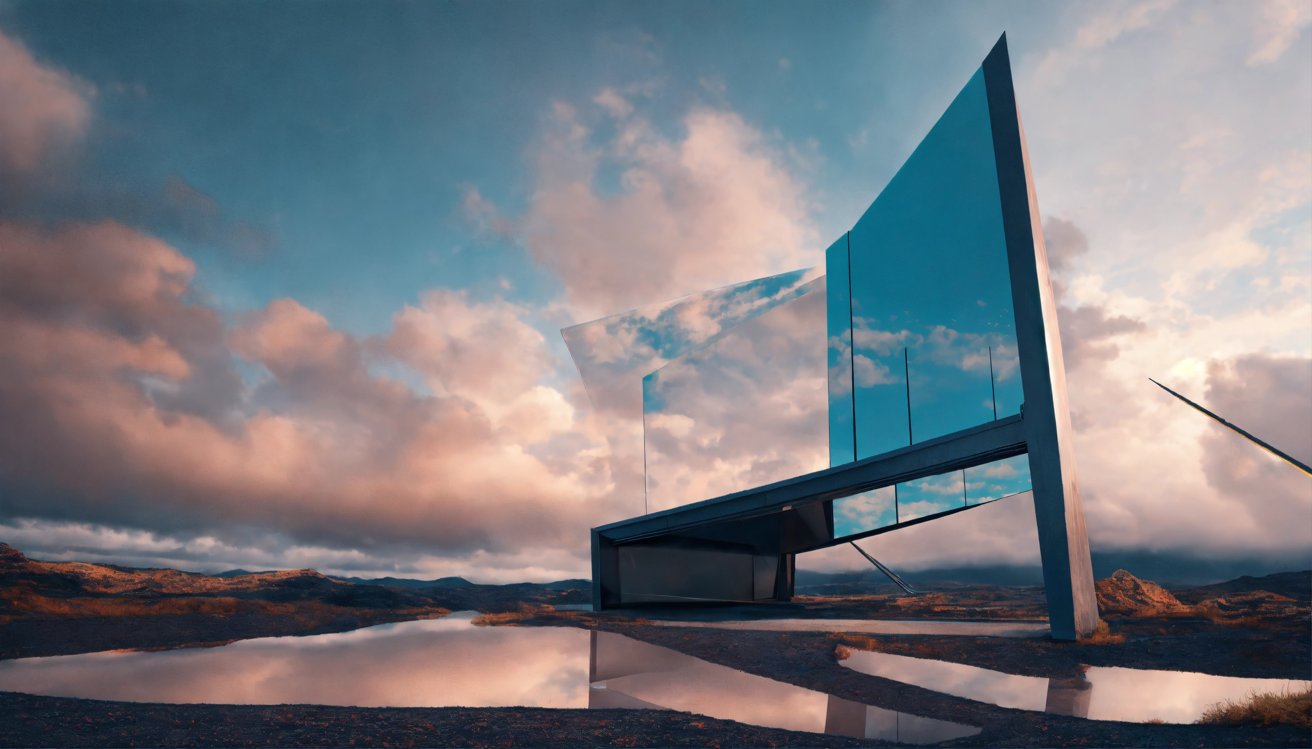 Lexica - Futuristic angular gate on mirror ground and clouds