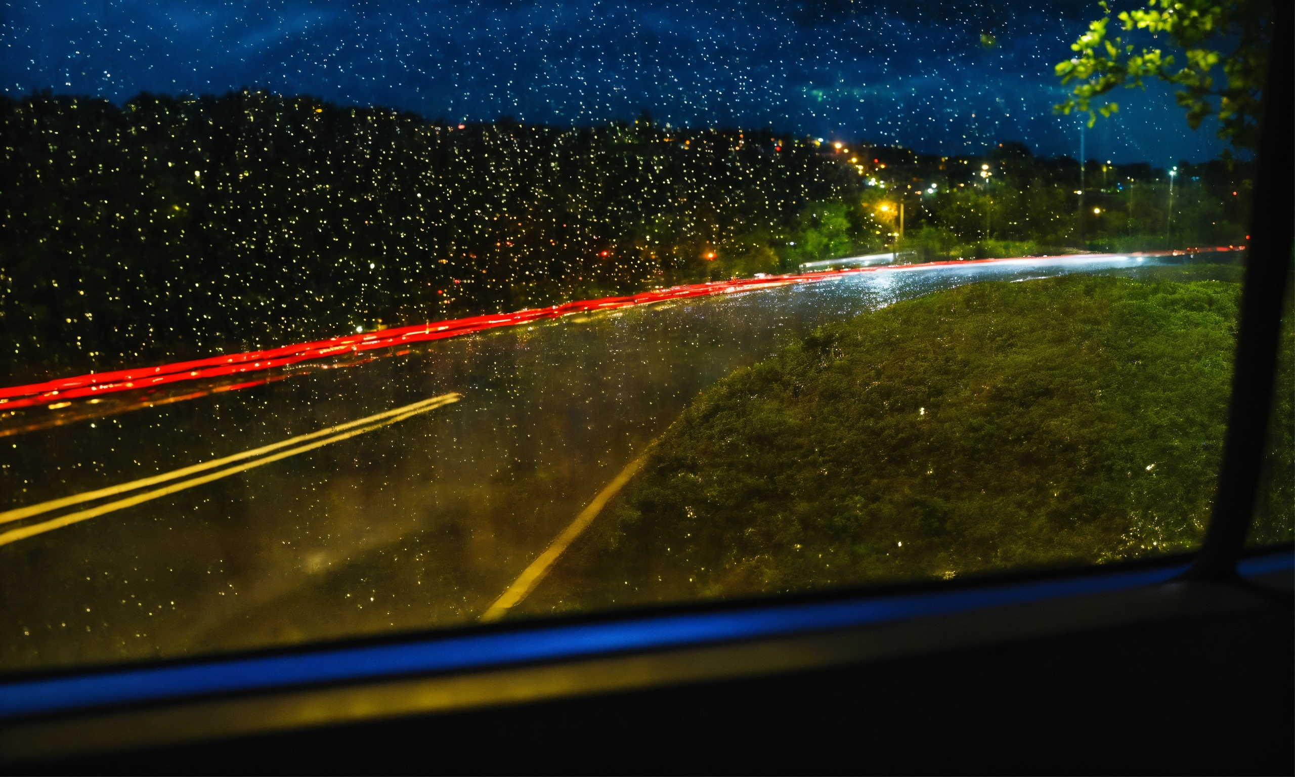 Lexica - View out car rear window with rain on glass at night with long ...