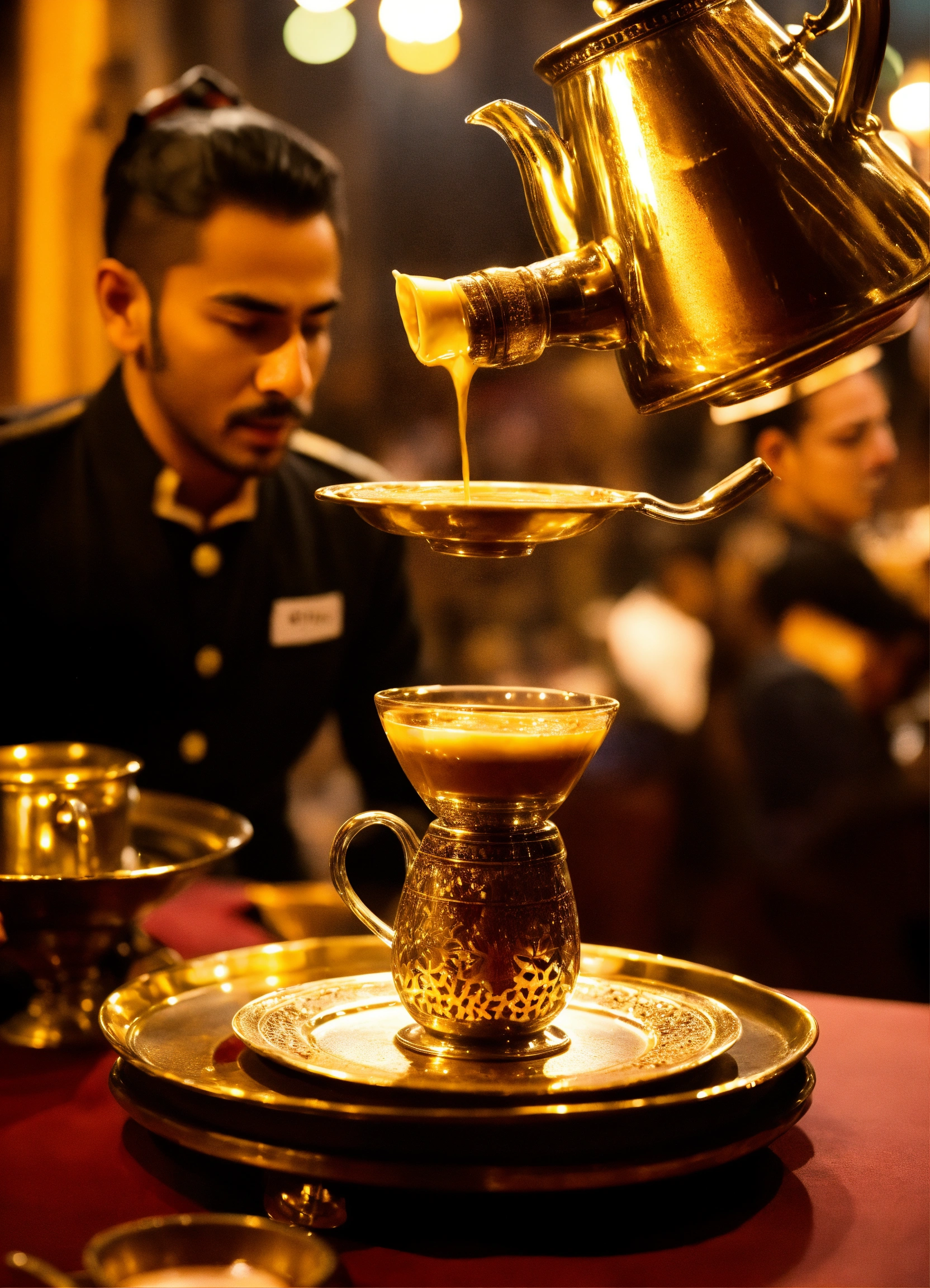 Lexica - Skilled servers pour Chai tea from one cup to another in a ...