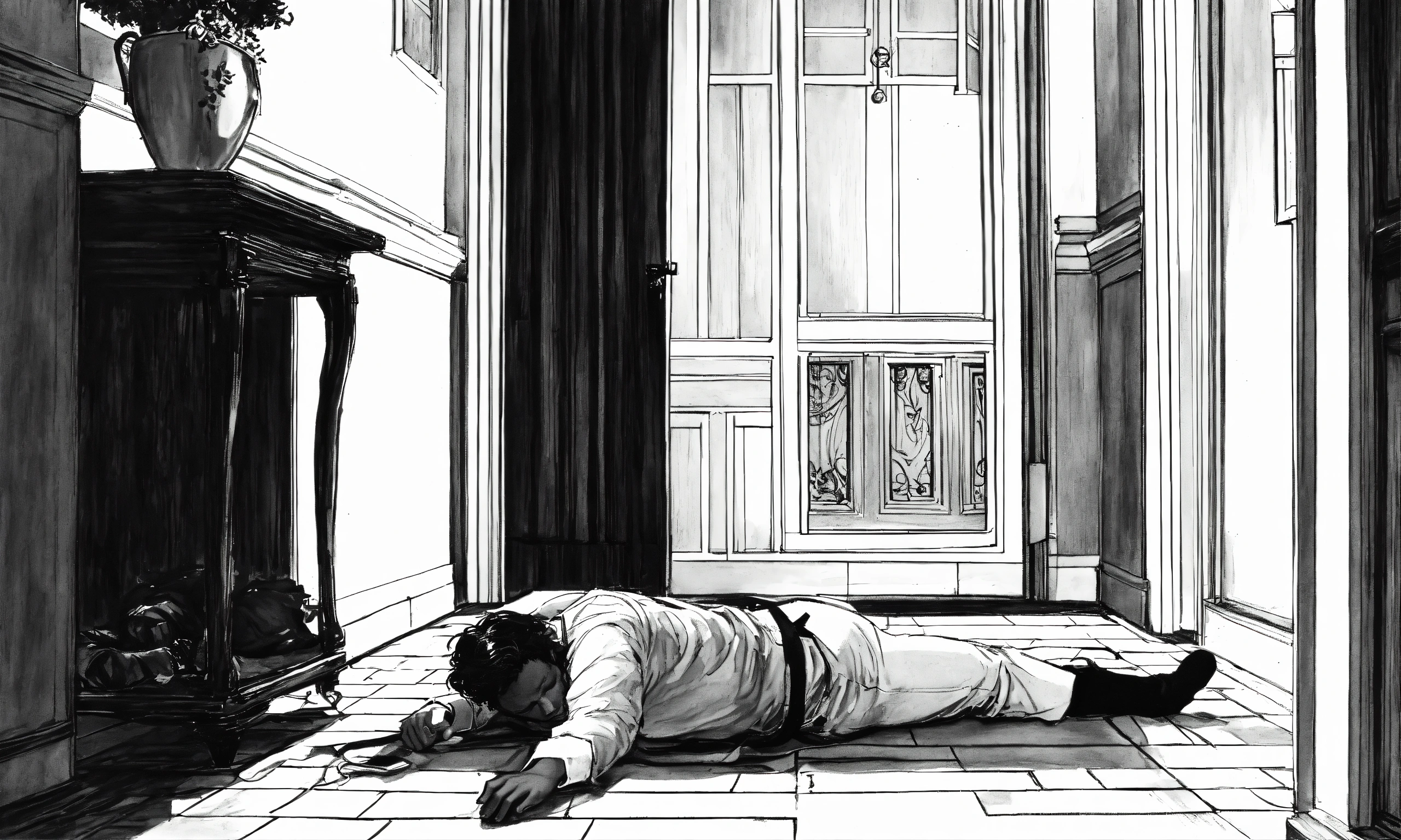 Lexica - A B/W drawing, Milo Manara style, of a man, lying face down in ...