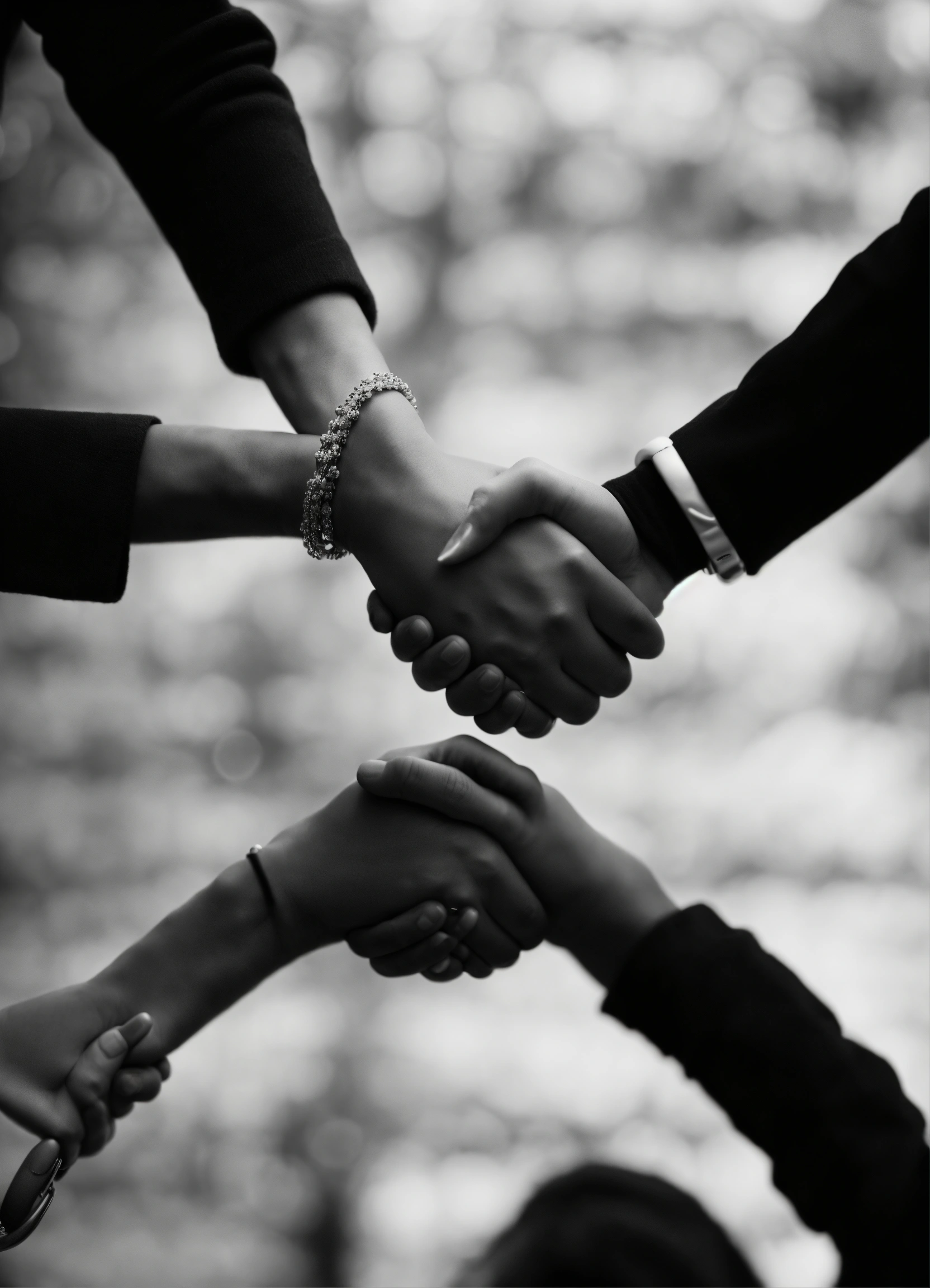 Lexica - Women shaking hands, team-work handshake, top down view, B&W ...