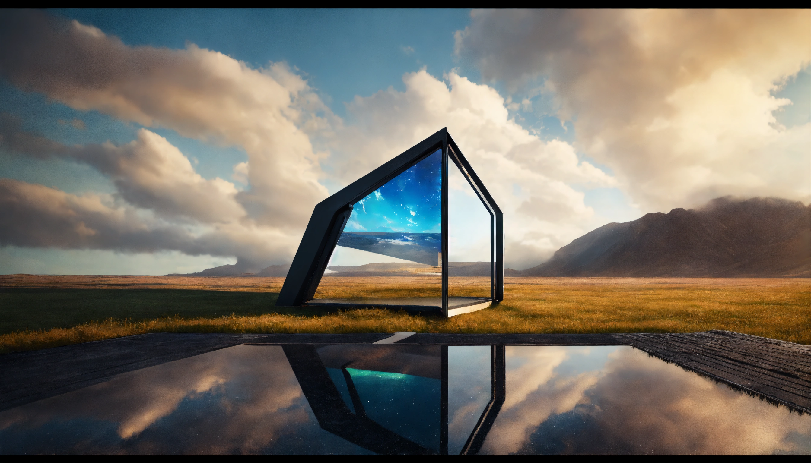 Lexica - Futuristic angular gate on mirror ground and clouds