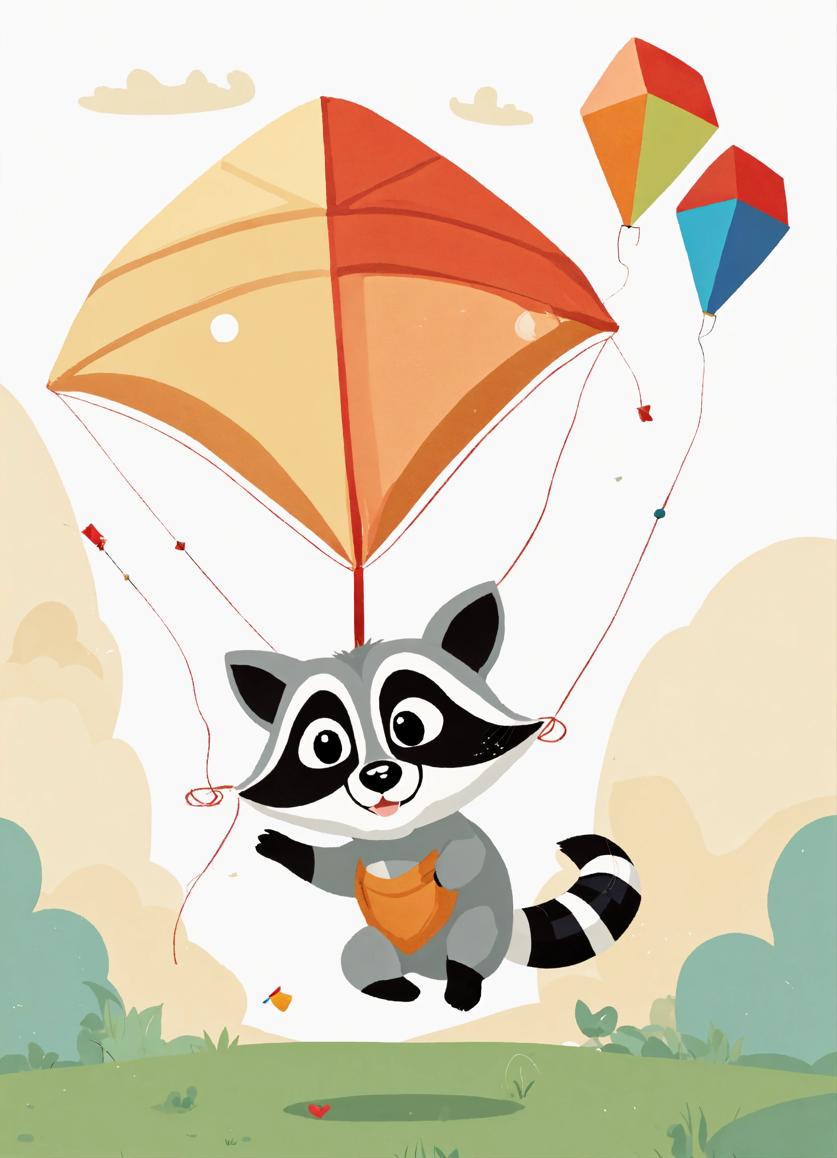 Lexica - A simple abstract cute baby raccoon flying a kite with a white ...