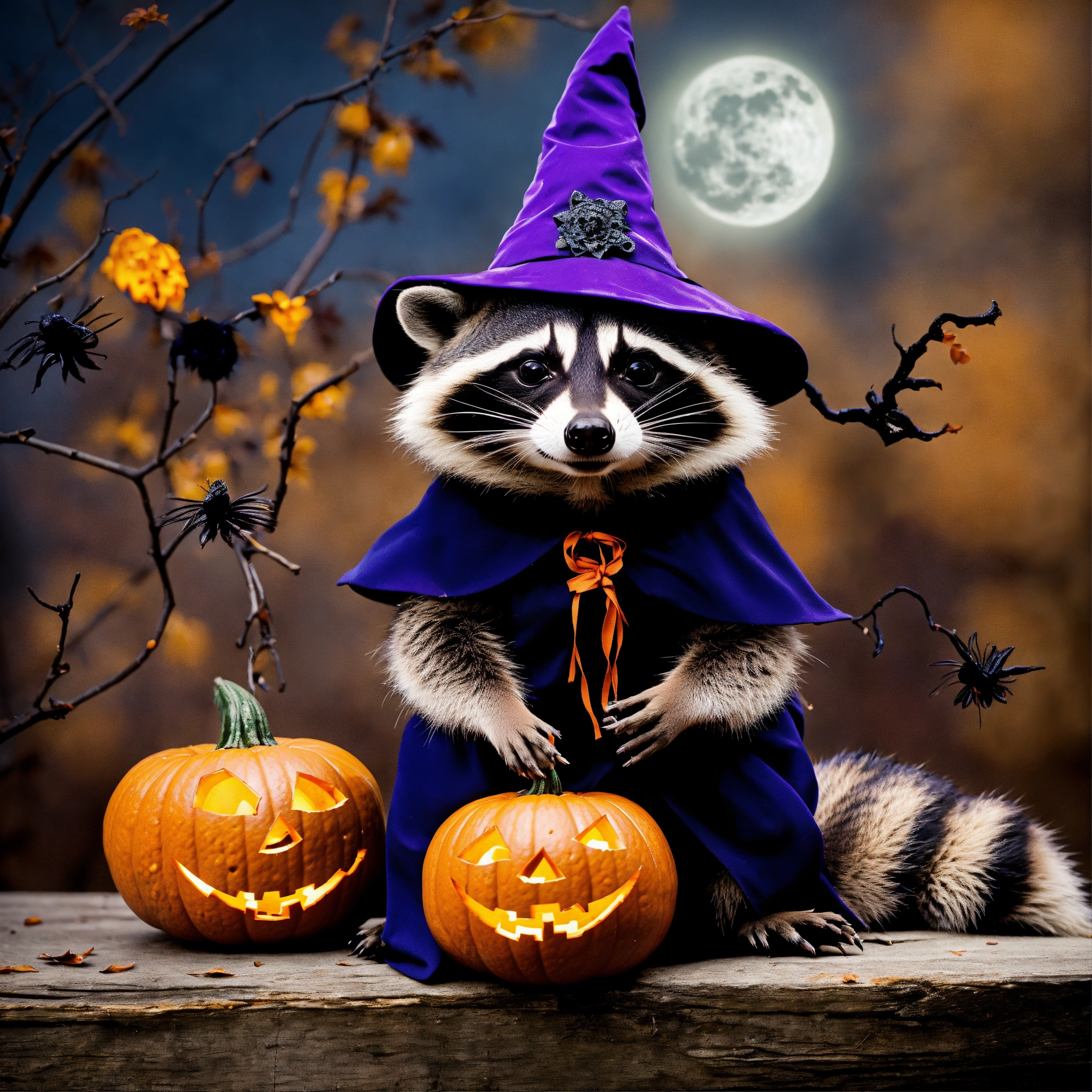 Lexica - A photograph of a raccoon celebrating Halloween in a witch ...