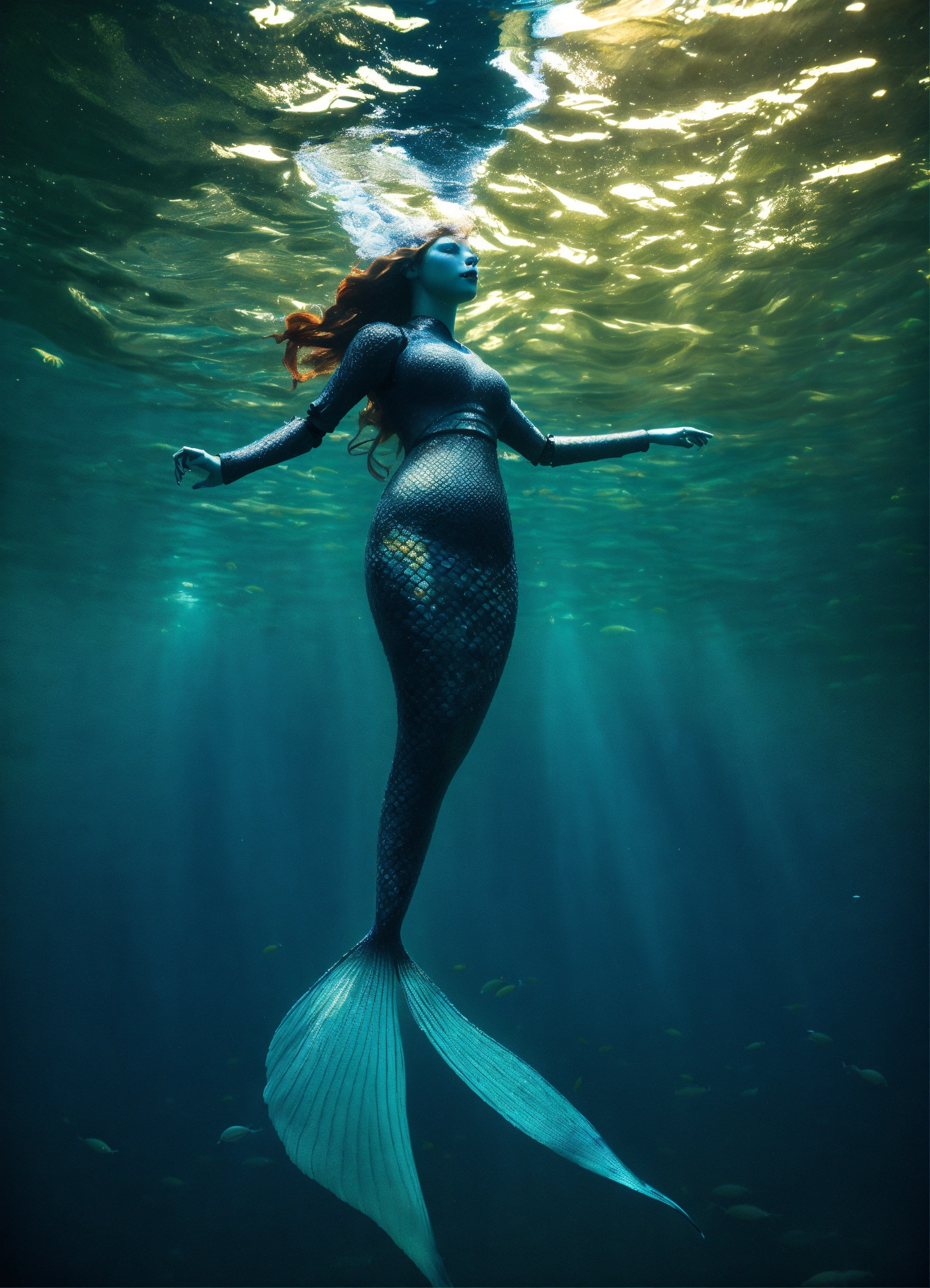 Lexica - A robot mermaid in the bottom of the sea, dark light , whit a ...