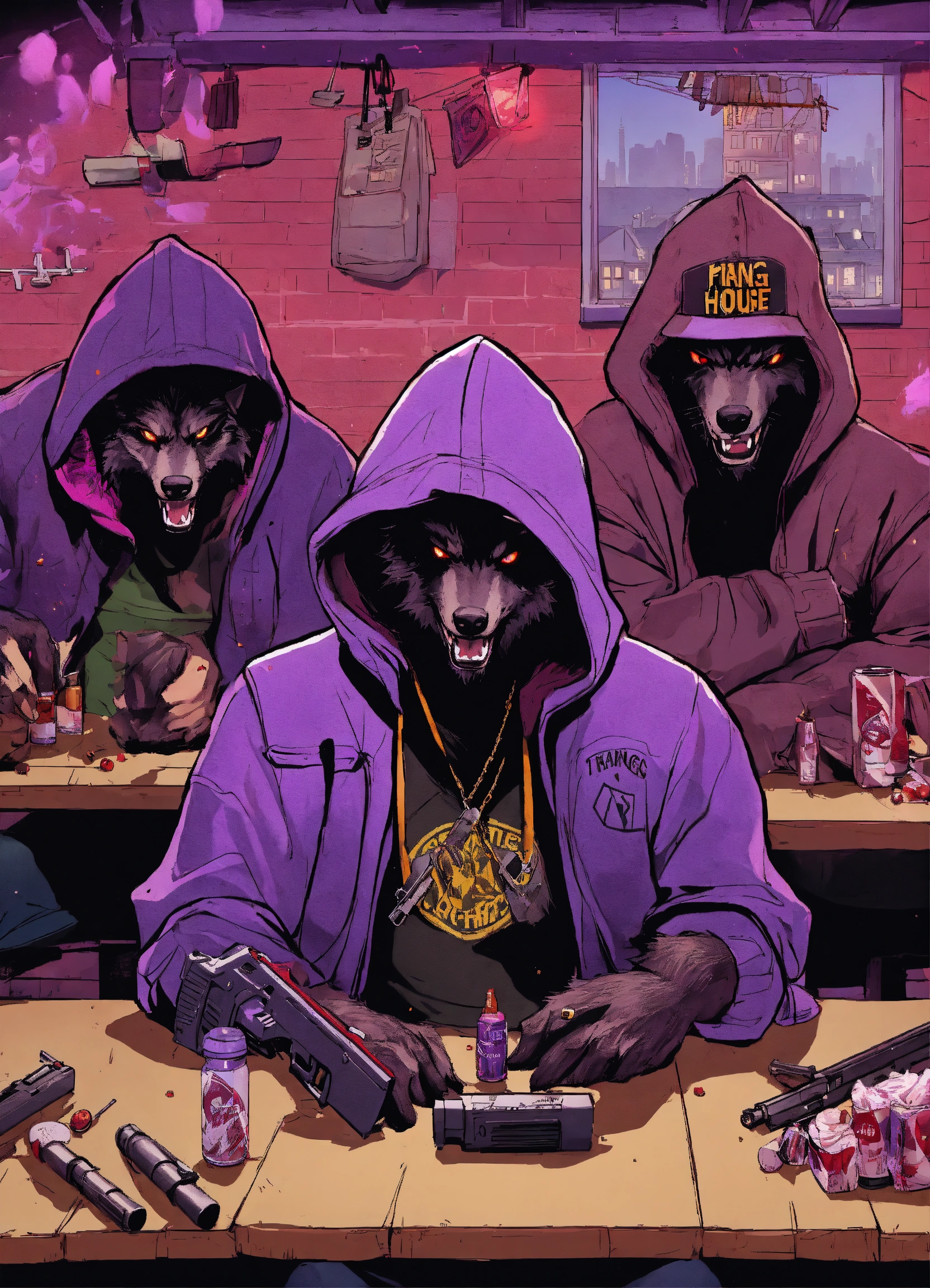 Lexica - Werewolves, in hoodies and baseball caps with the words FANG ...