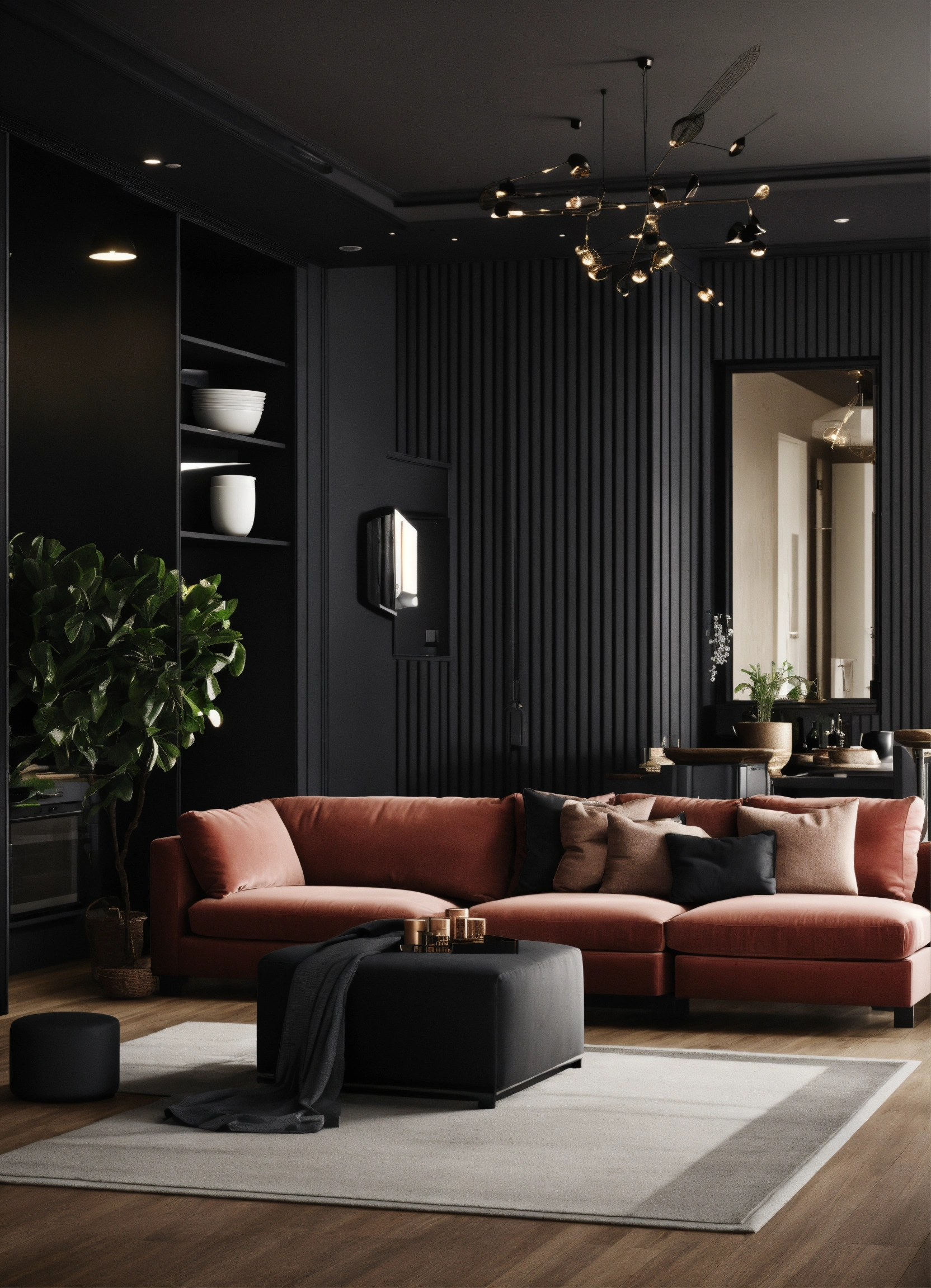 Lexica - Black interior design for a bedroom, living room and a kitchen