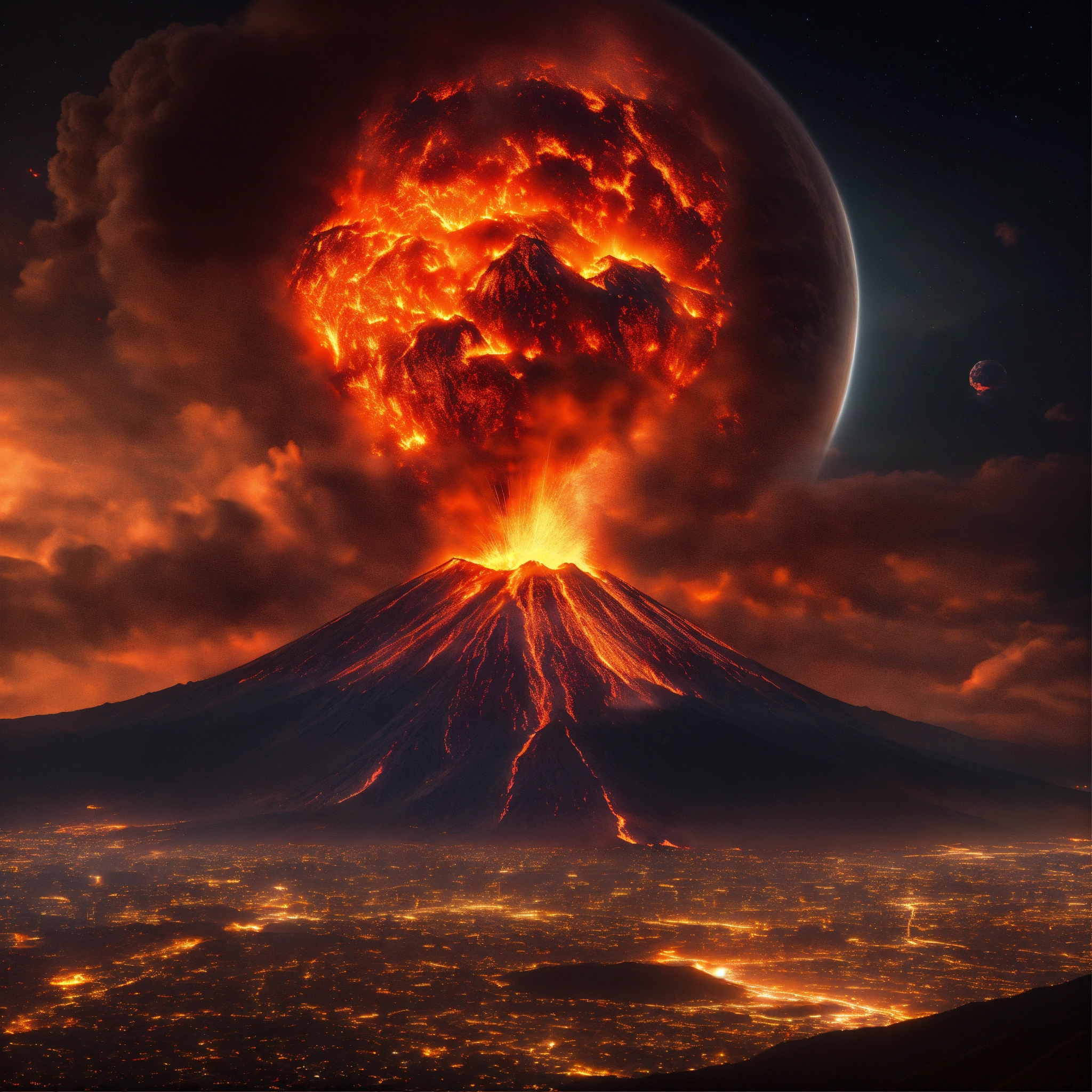 Lexica - Ultra realistic, volcano, big planet in sky, fire, black ...