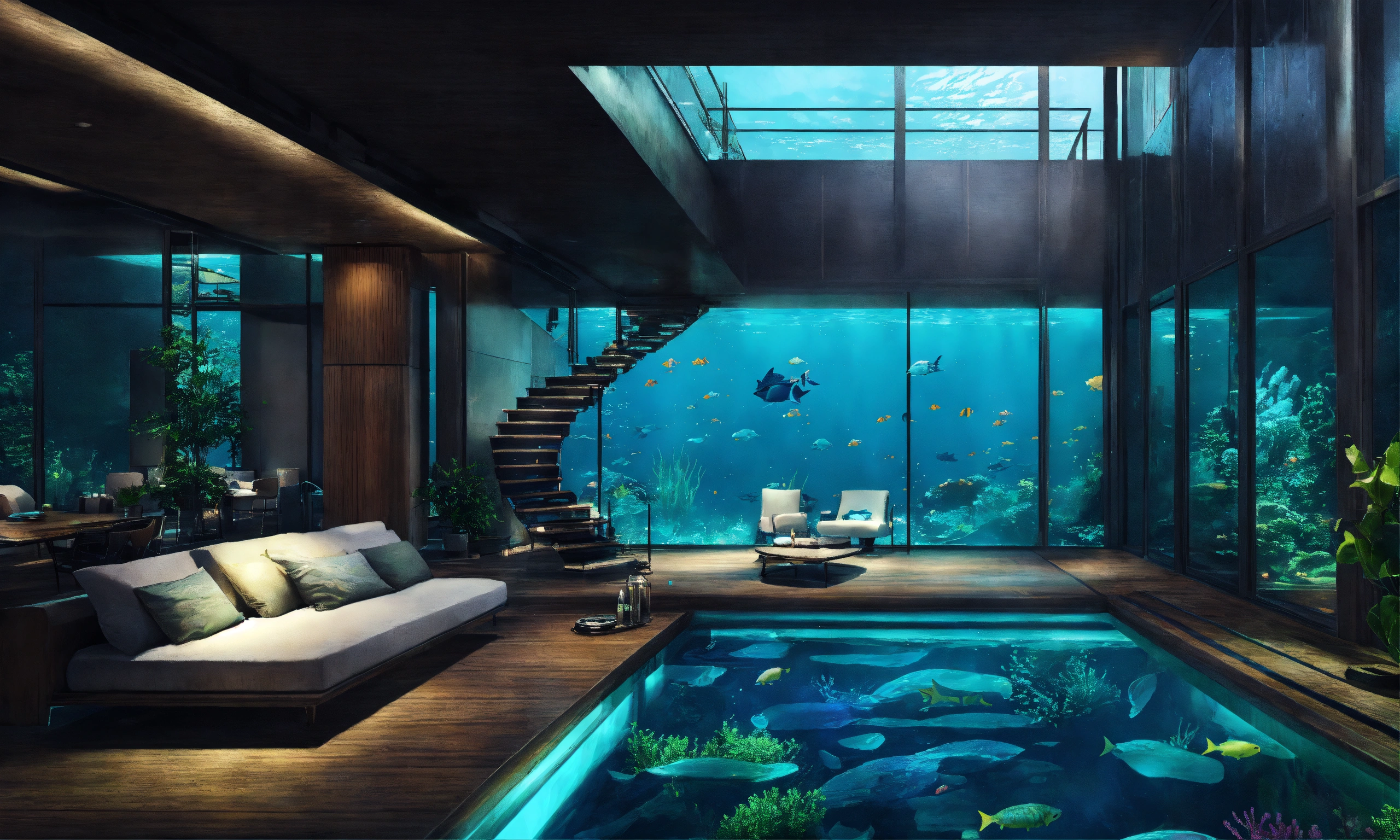 Lexica - Concept art of interior design underwater, dark modern ...