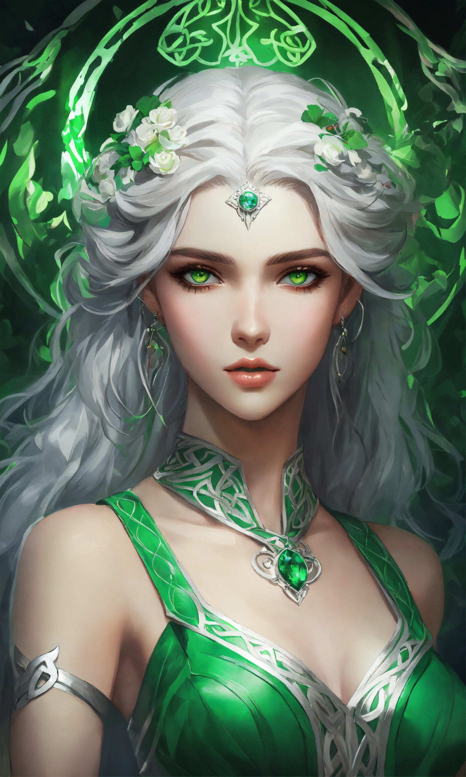 Lexica - Portrait of goddess cliodhna in a white and green dress, celtic,  stunning beautiful artwork, toned body, 8k, green eyes, silver hair, love  a...