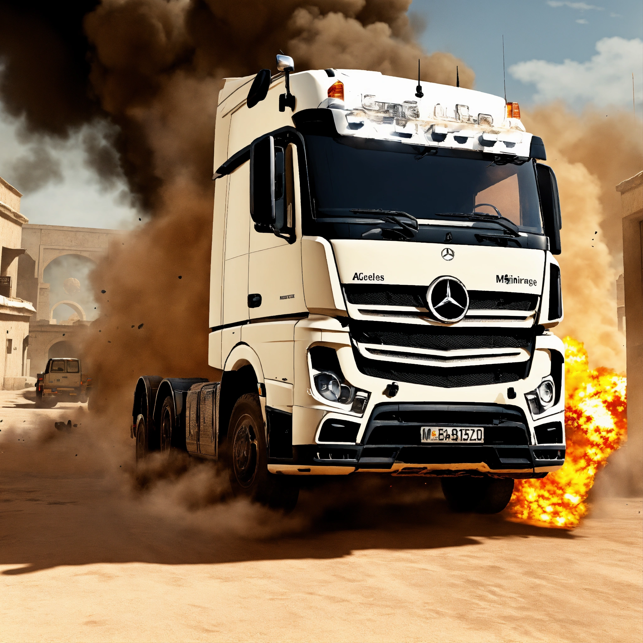 Lexica - A front view of a white Mercedes actros truck in the counter ...