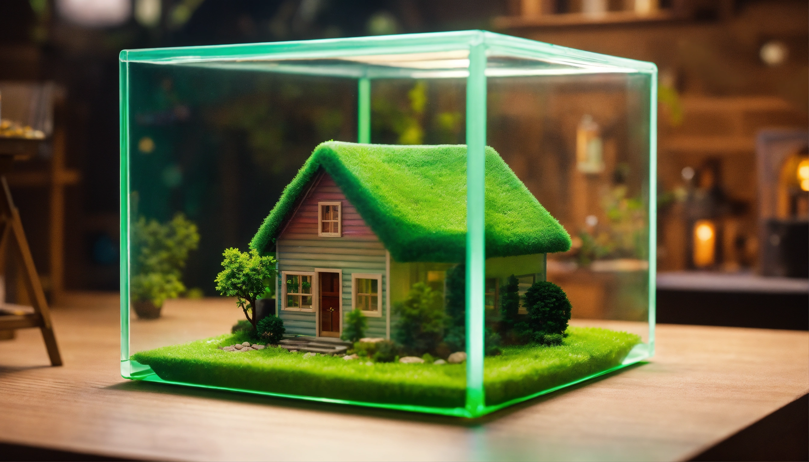 Lexica - Cube, 4k, small house inside cube!, clear plastic, iridescent