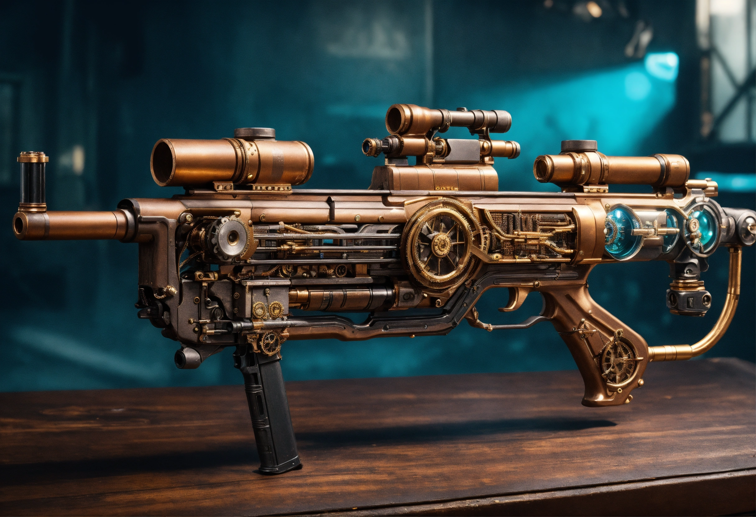 Lexica - Side view of the full image of a steampunk energy rifle