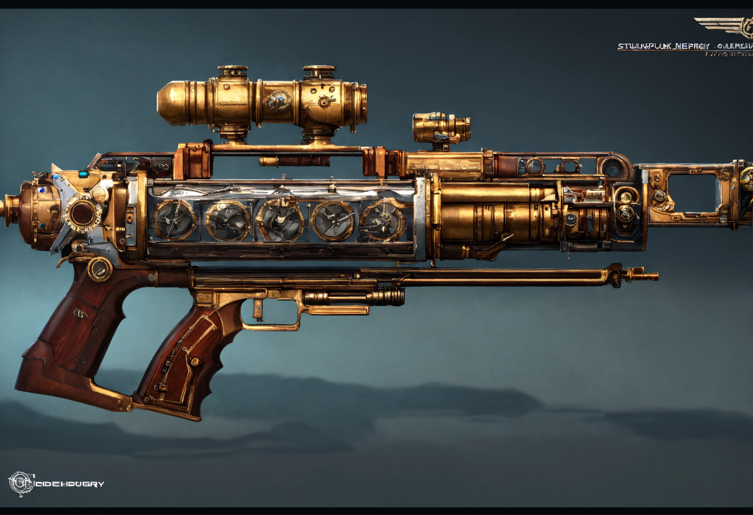 Lexica - Side view of the full image of a steampunk energy rifle