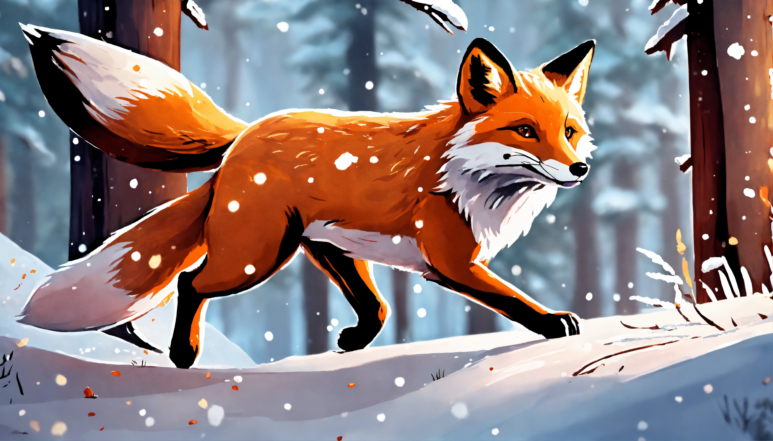 Lexica - A cartoon-style fox, all stained in white paint in a snowy ...