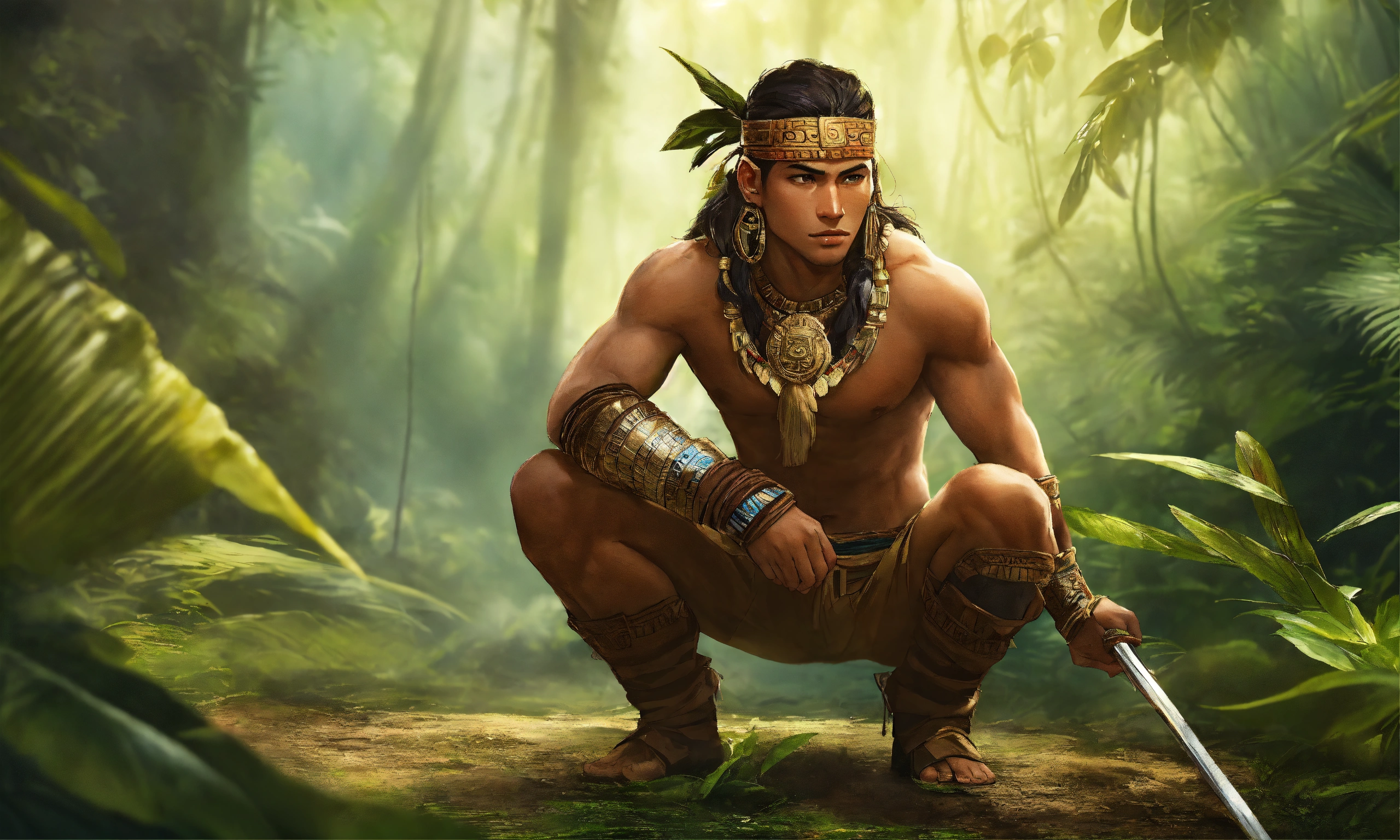 Lexica - A young and handsome Mayan warrior crouching, hunting in the ...
