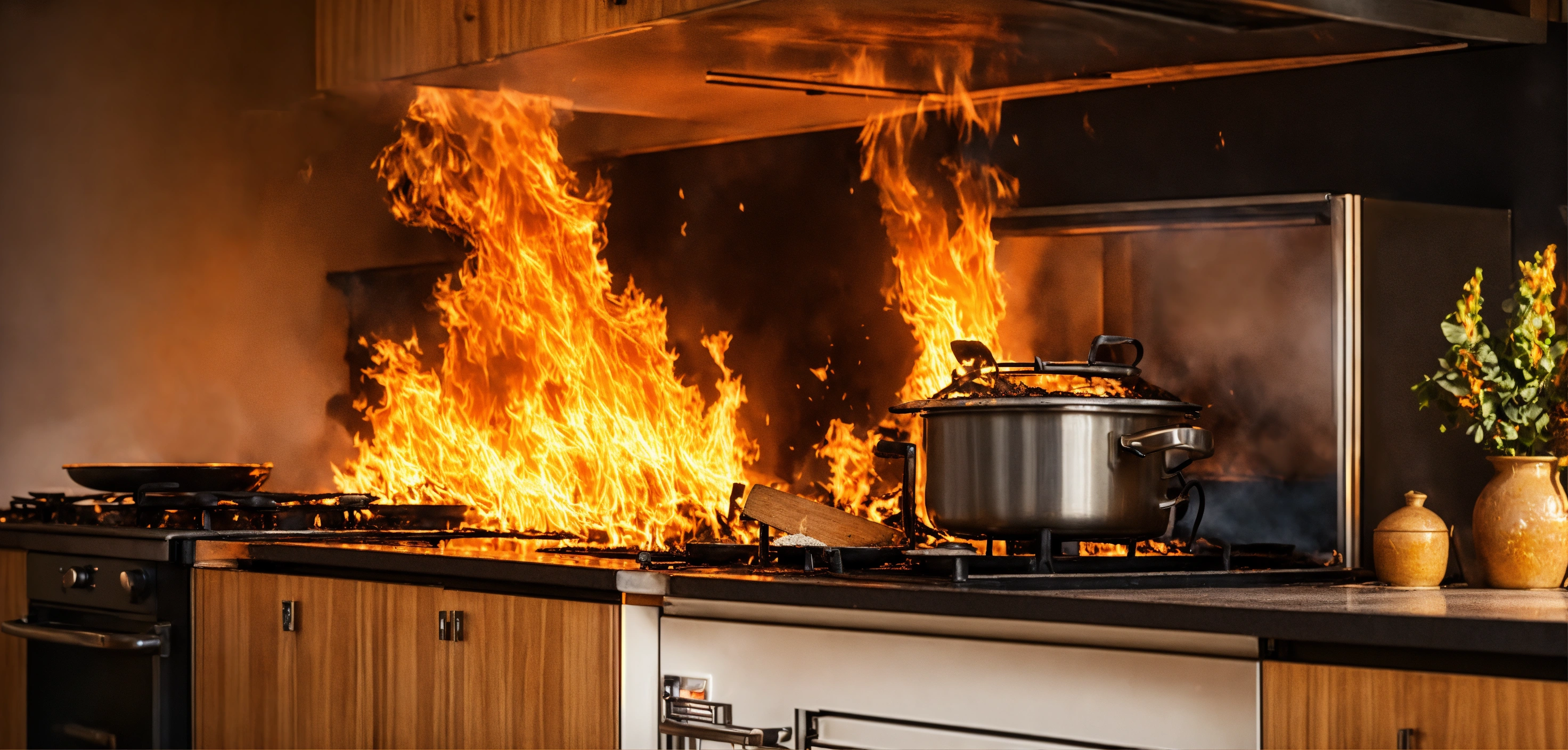 Lexica - Fire in the kitchen, residential fire, high quality photo ...