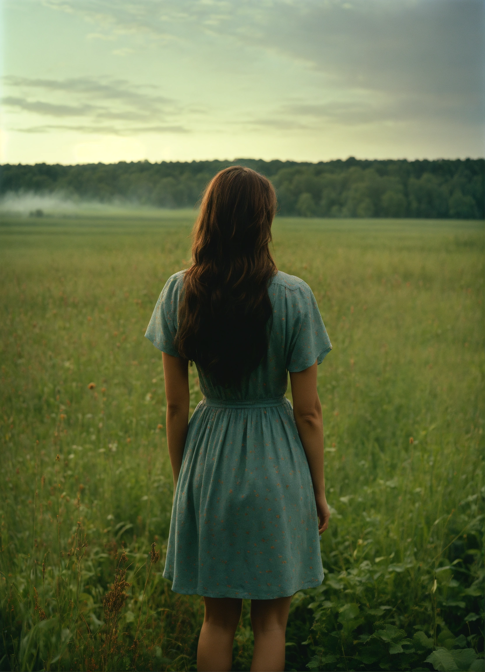 Lexica - A woman with long brown hair standing in a field, rear view ...