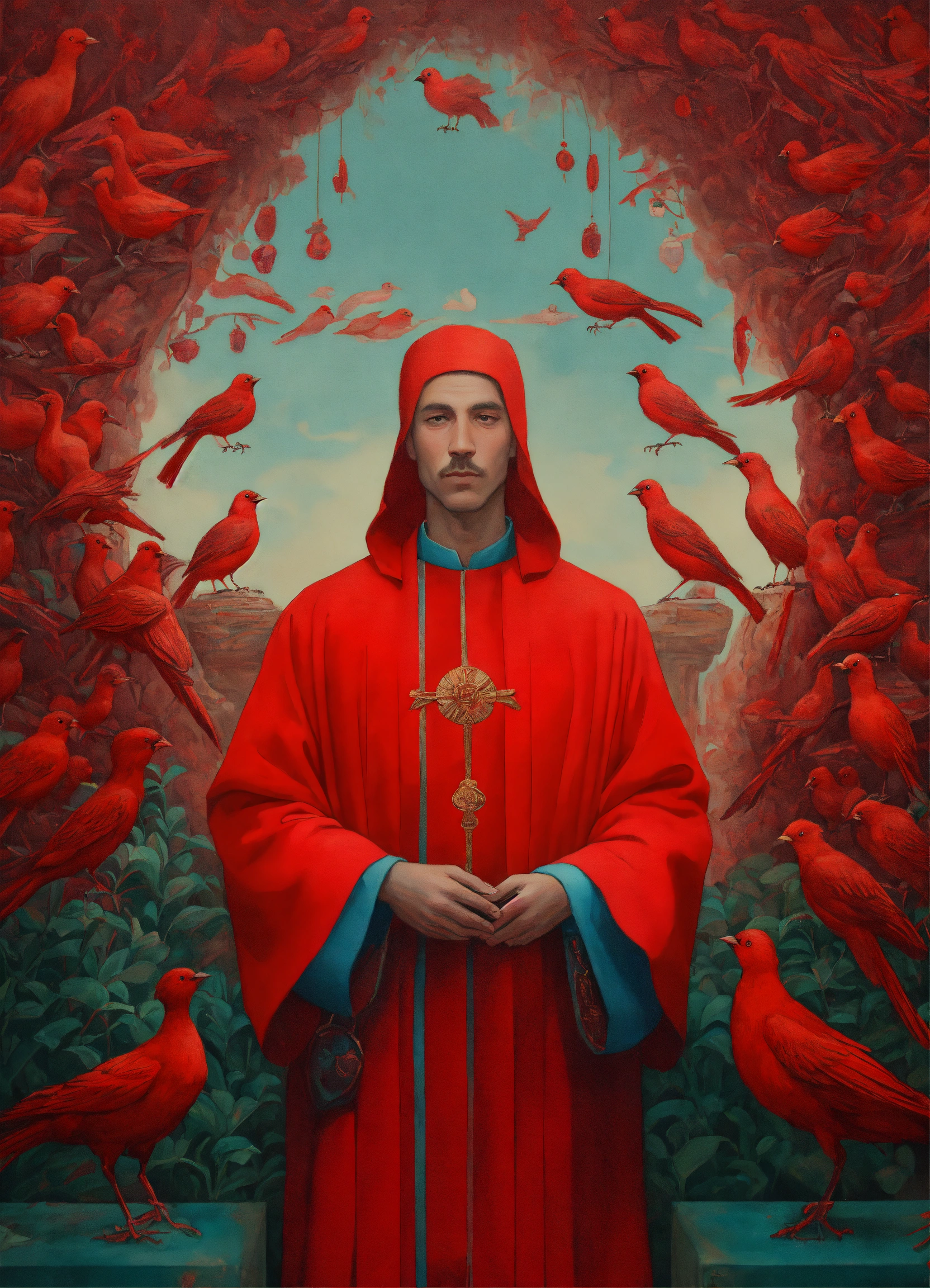Lexica - A red painting of a man in a robe in front of red birds, in ...