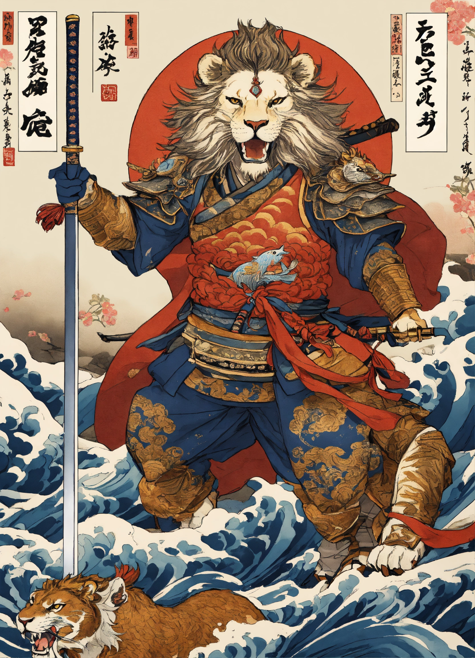 Lexica - There is a lion with a fish and a sword on a white background ...
