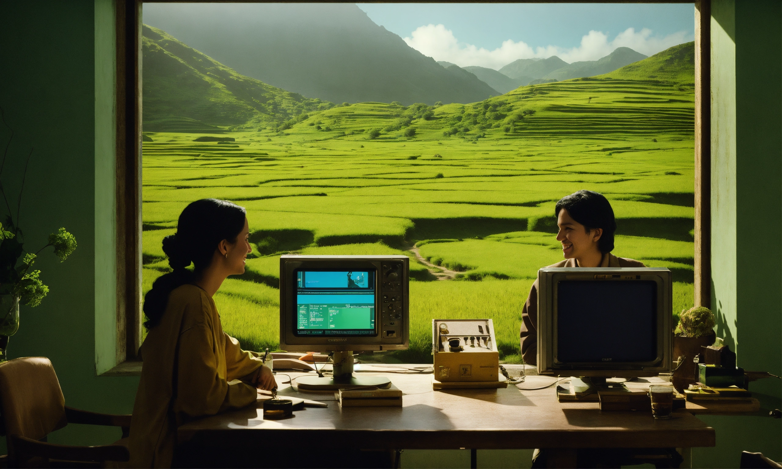 Lexica - Retro data visualization screens on background, 3 humans ...