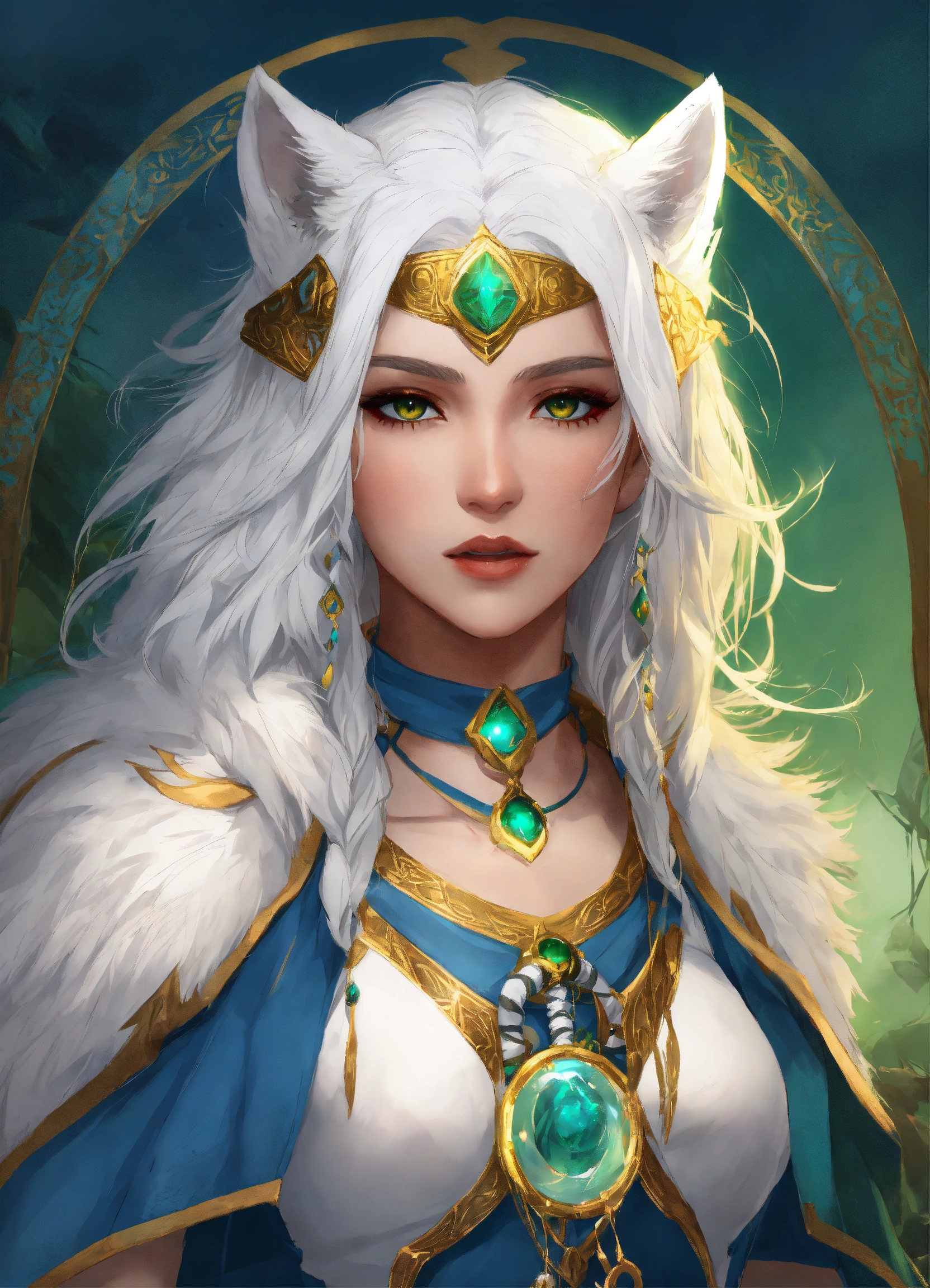 Lexica - Aasimar, female, Druid, gold eyes, white hair, blue-green skin ...