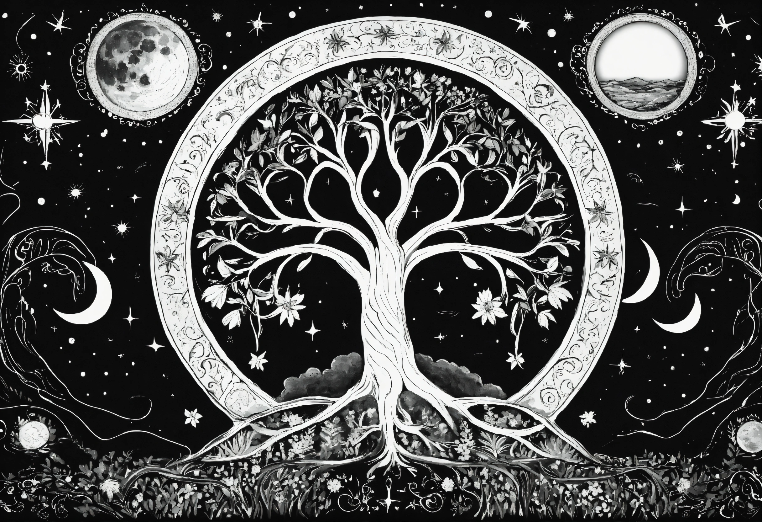 Lexica - Tree of life black and white no leaf with moon sun and stars