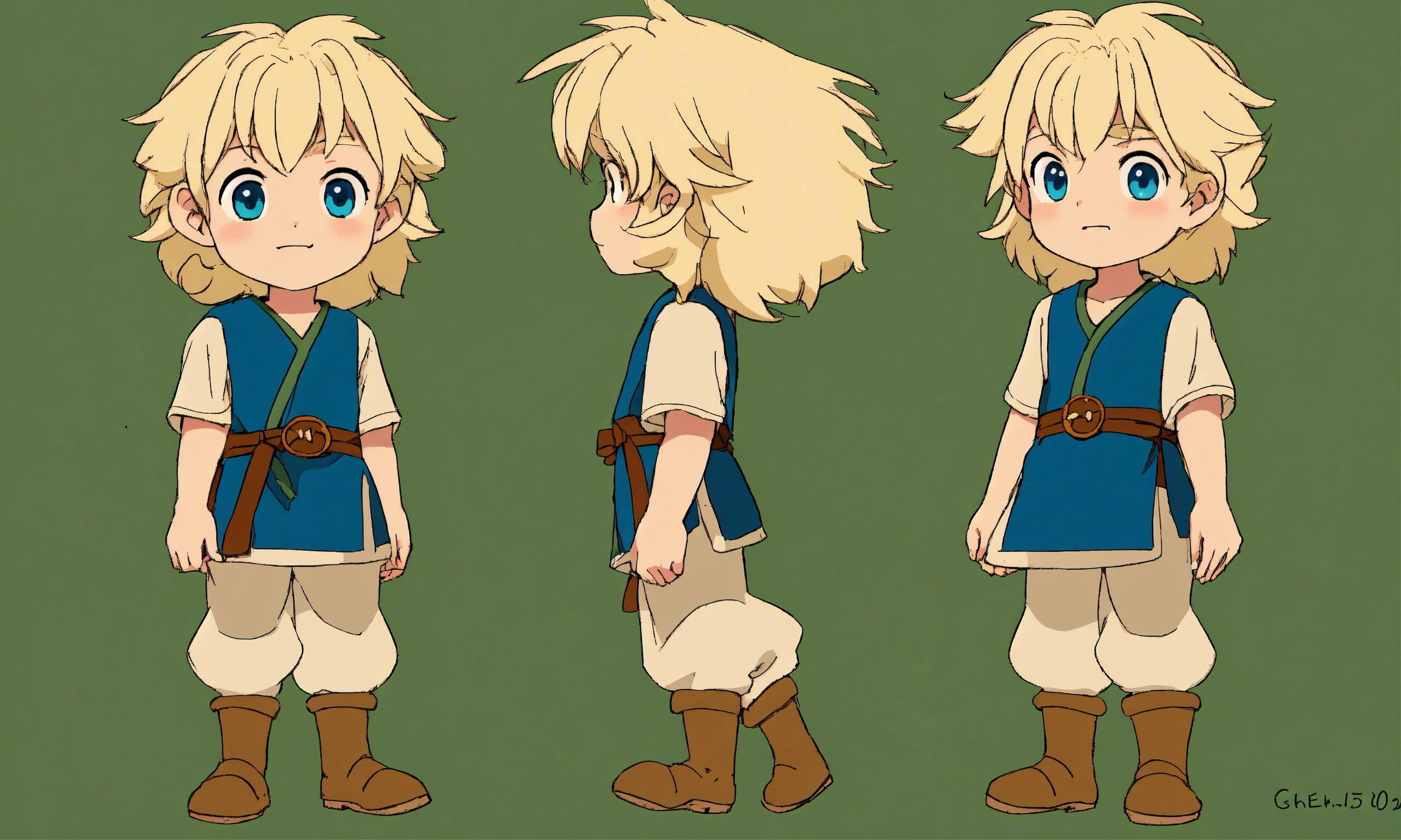 Lexica - Character sheet , multiple angles, studio Ghibli animationCute boy  cartoon, shepherd boy , 15 years old , Blue eyes , drak blue dress , cute...