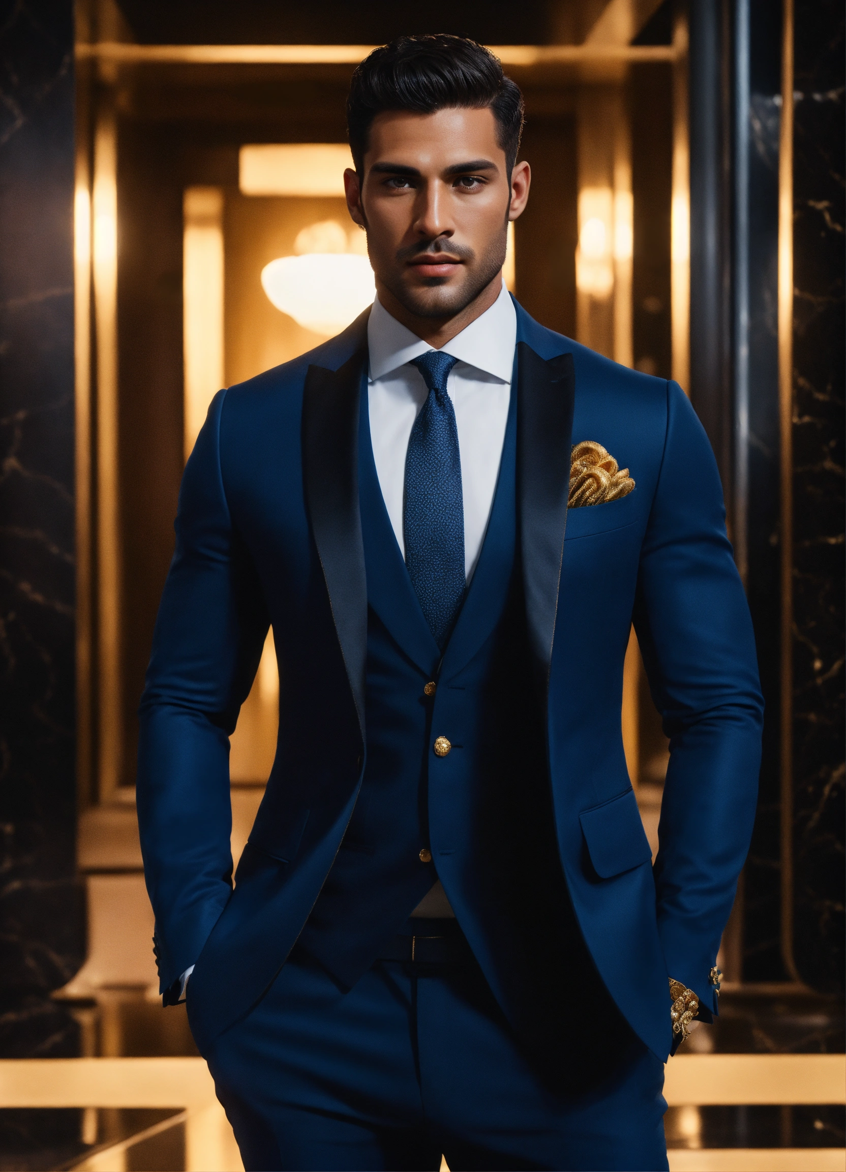 Lexica - Handsome, 30-year-old male, golden skin, egyptian features, dark  hair, muscular build, in haute couture suit, in upscale lobby, cocky  demean..., image size:1664x2304