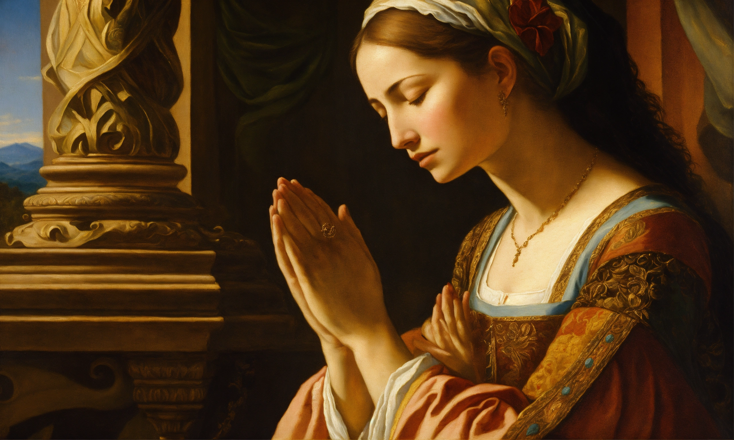 Lexica - Renaissance oil painting of a woman praying to god