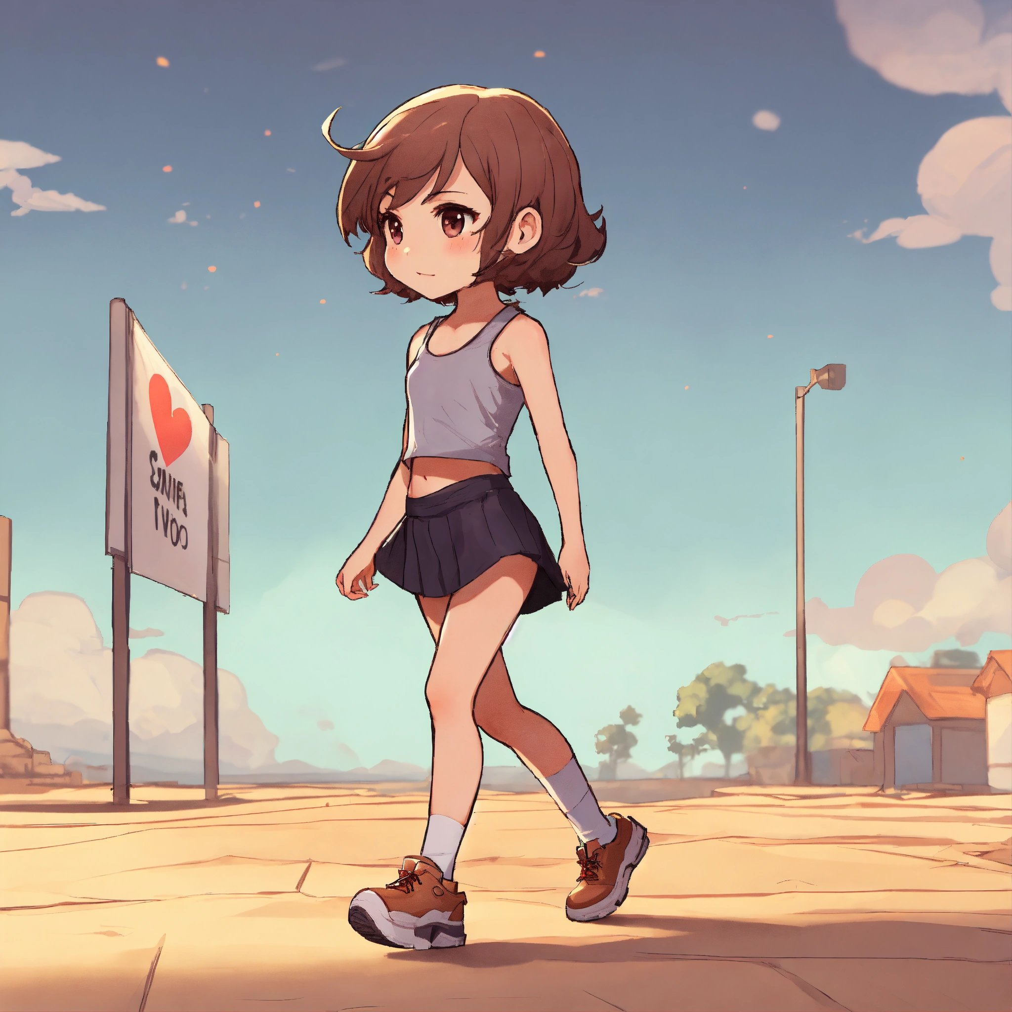 Lexica - Short haired girl wearing tank top and short skirt, walking ...