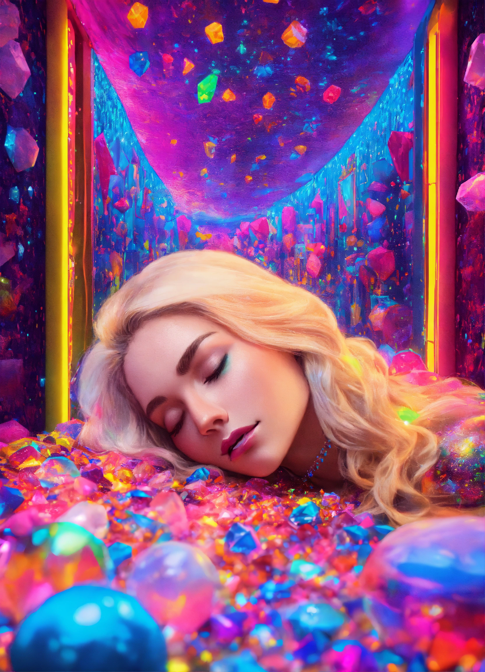 Lexica A Crystal Blonde Cinderella Sleeping In A Dmt Glitter Neon