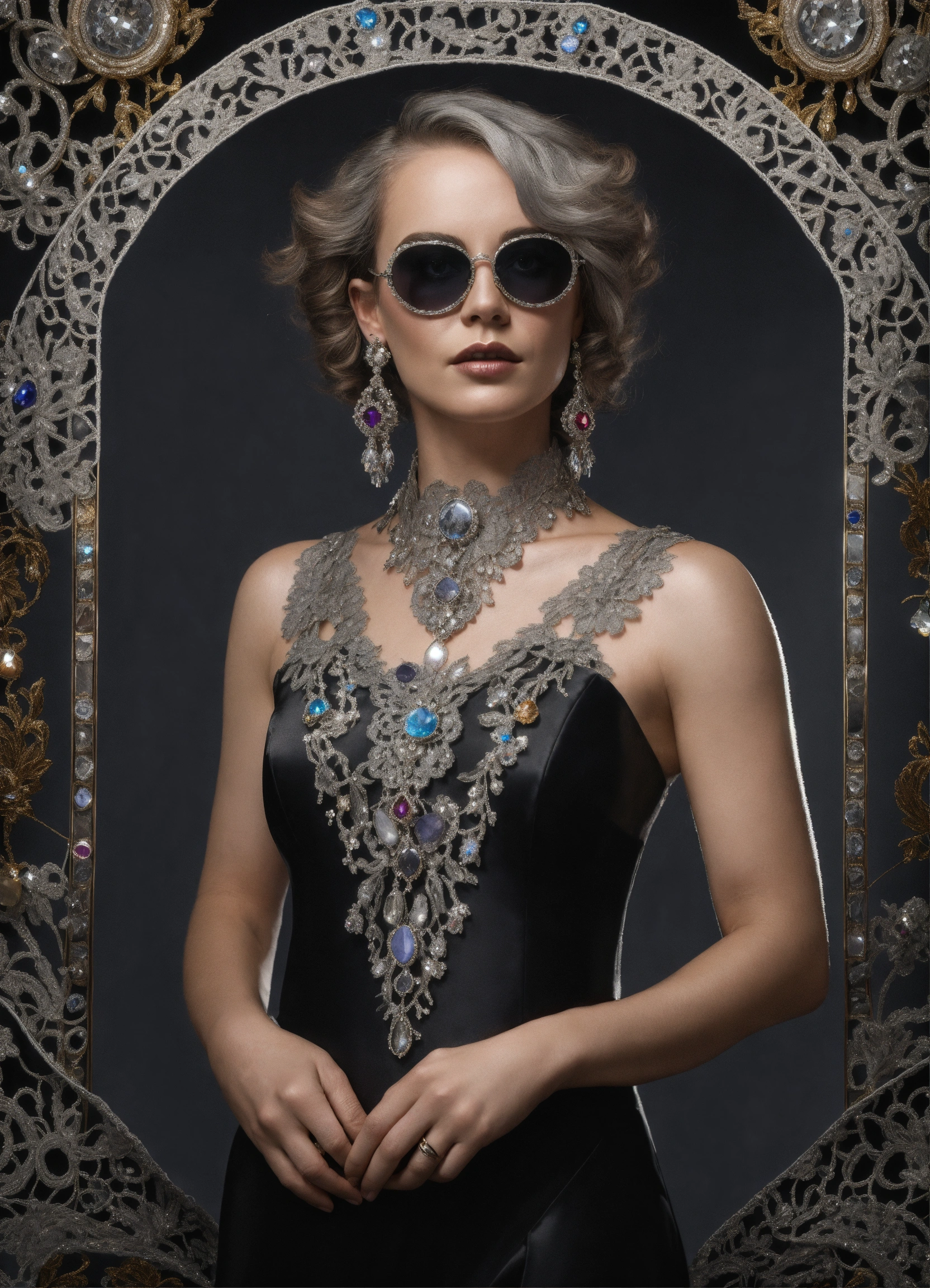 Lexica - A woman wearing luxurious detailed shades of silver and dark ...