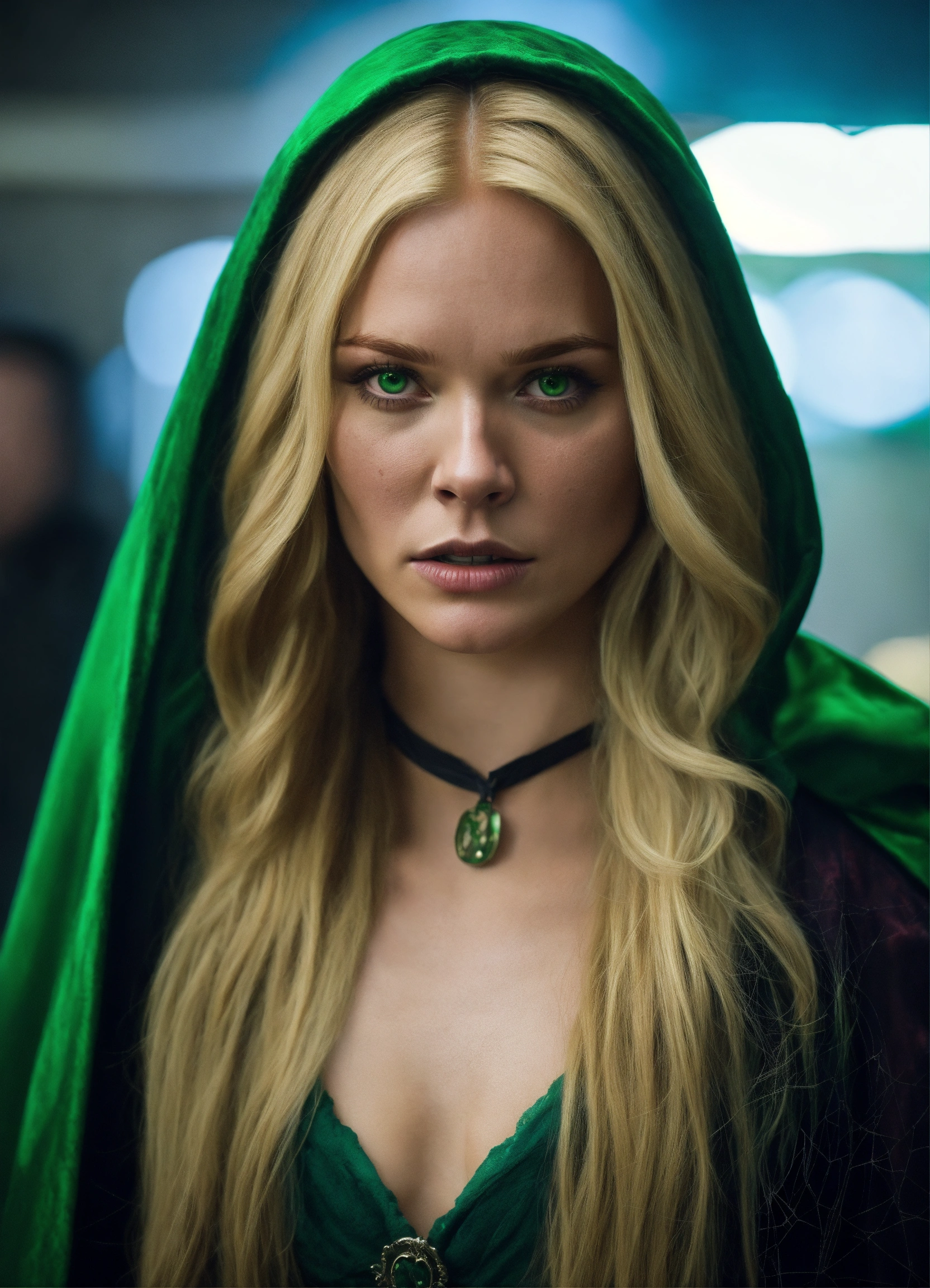 Lexica - A blonde straight hair with green eyes women wears witch ...