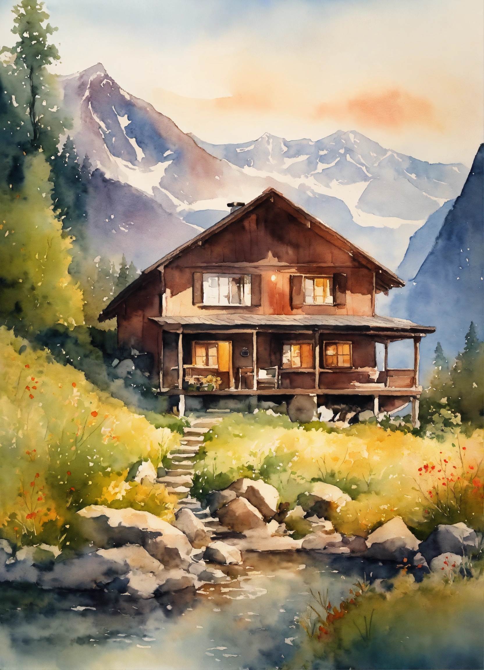Lexica - A watercolor painting of a cabin in the mountains, a ...