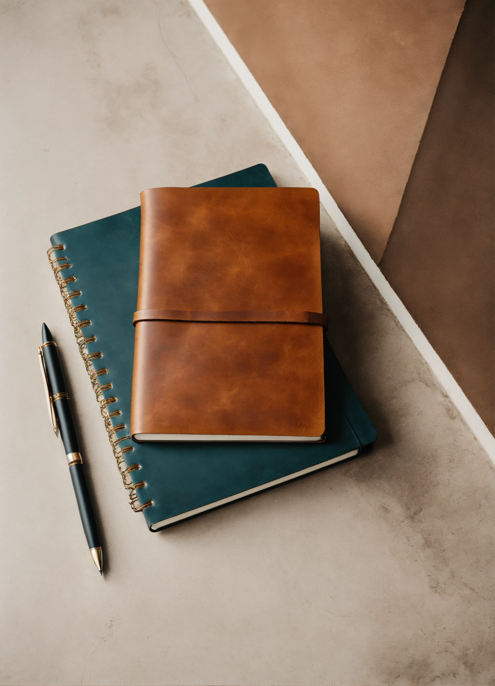 Lexica - Leather notebook with pen lying on a white table, top view ...