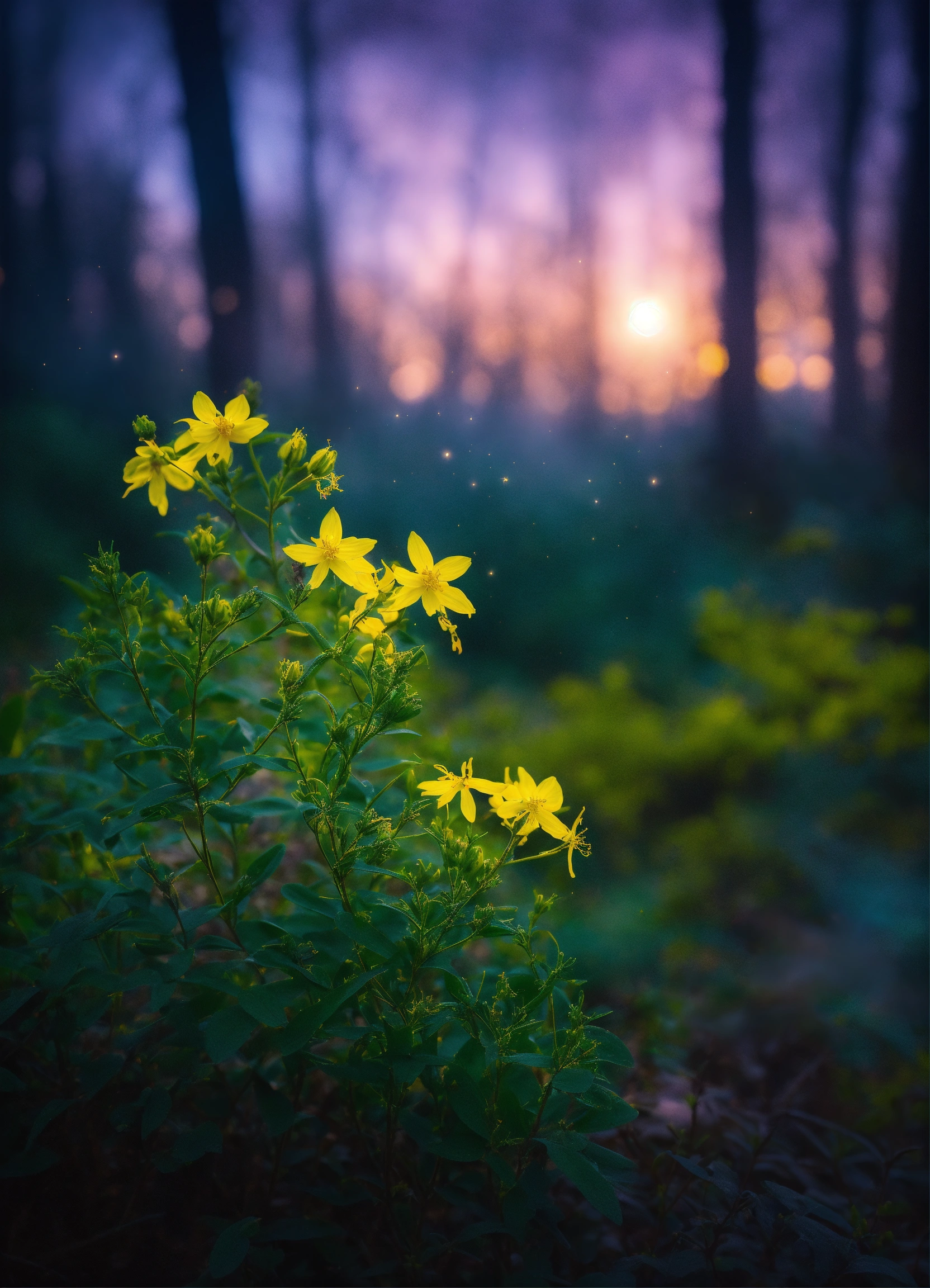 Lexica - Create an image of a St. John's wort plant thriving in a dark 