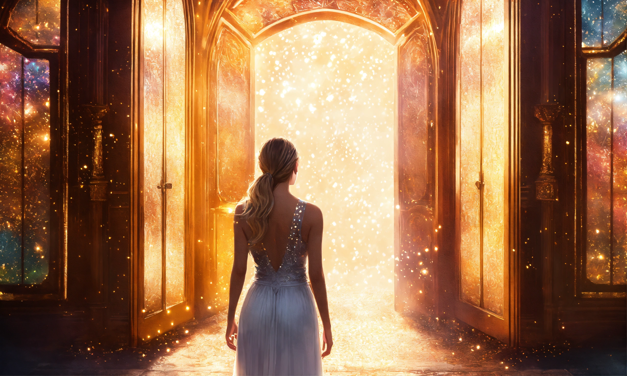 Lexica - Create an image of a woman from behind looking into a five ...